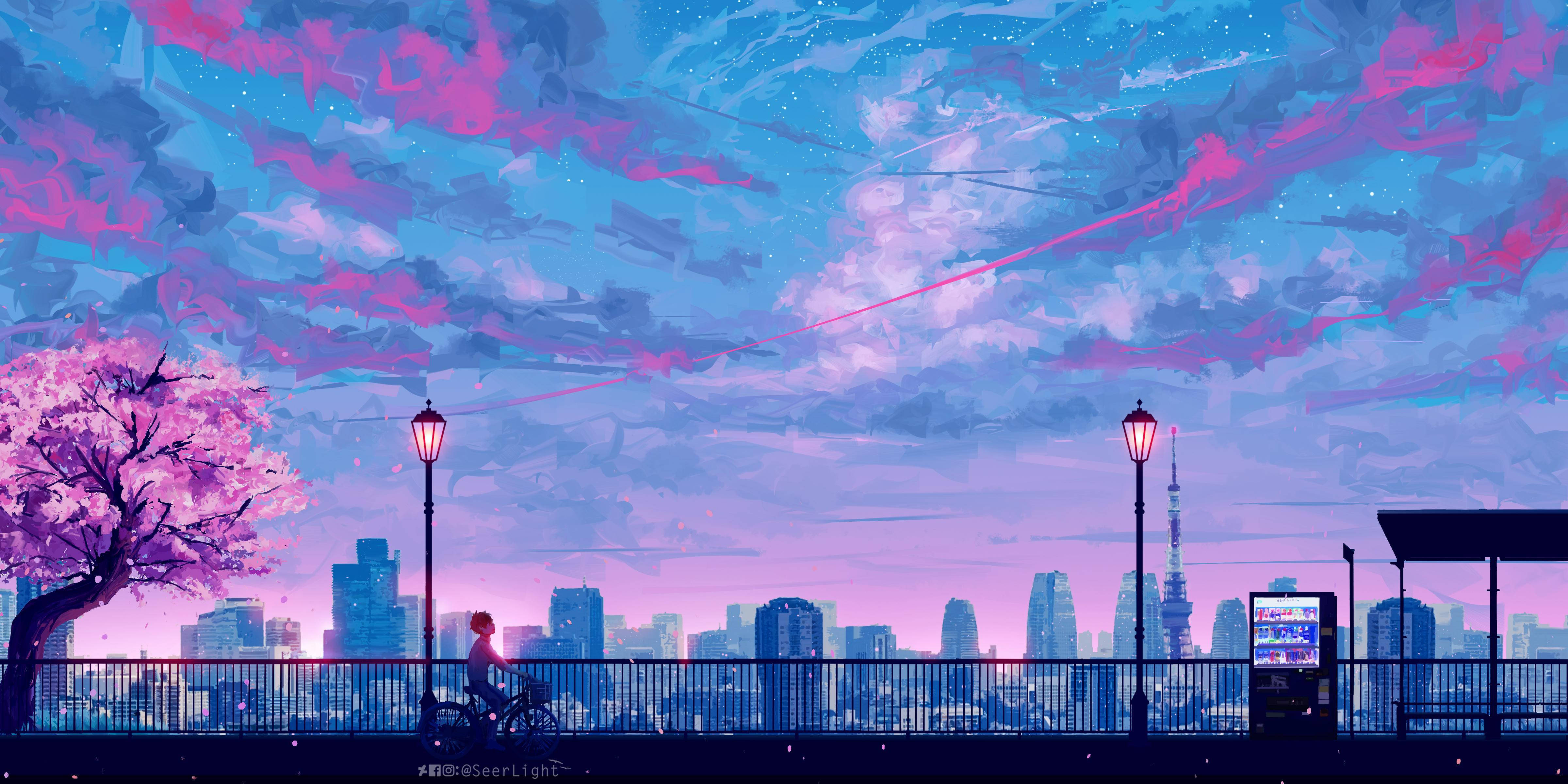 Chromebook, city skyline, cherry blossom tree, 4K Desktop Wallpaper