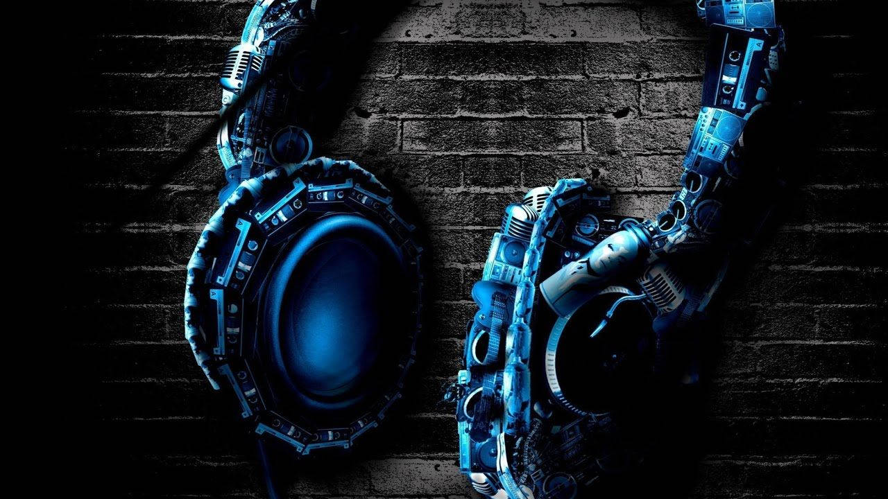 blue metallic headphone, circuitry, dark brick wall, HD Desktop Wallpaper
