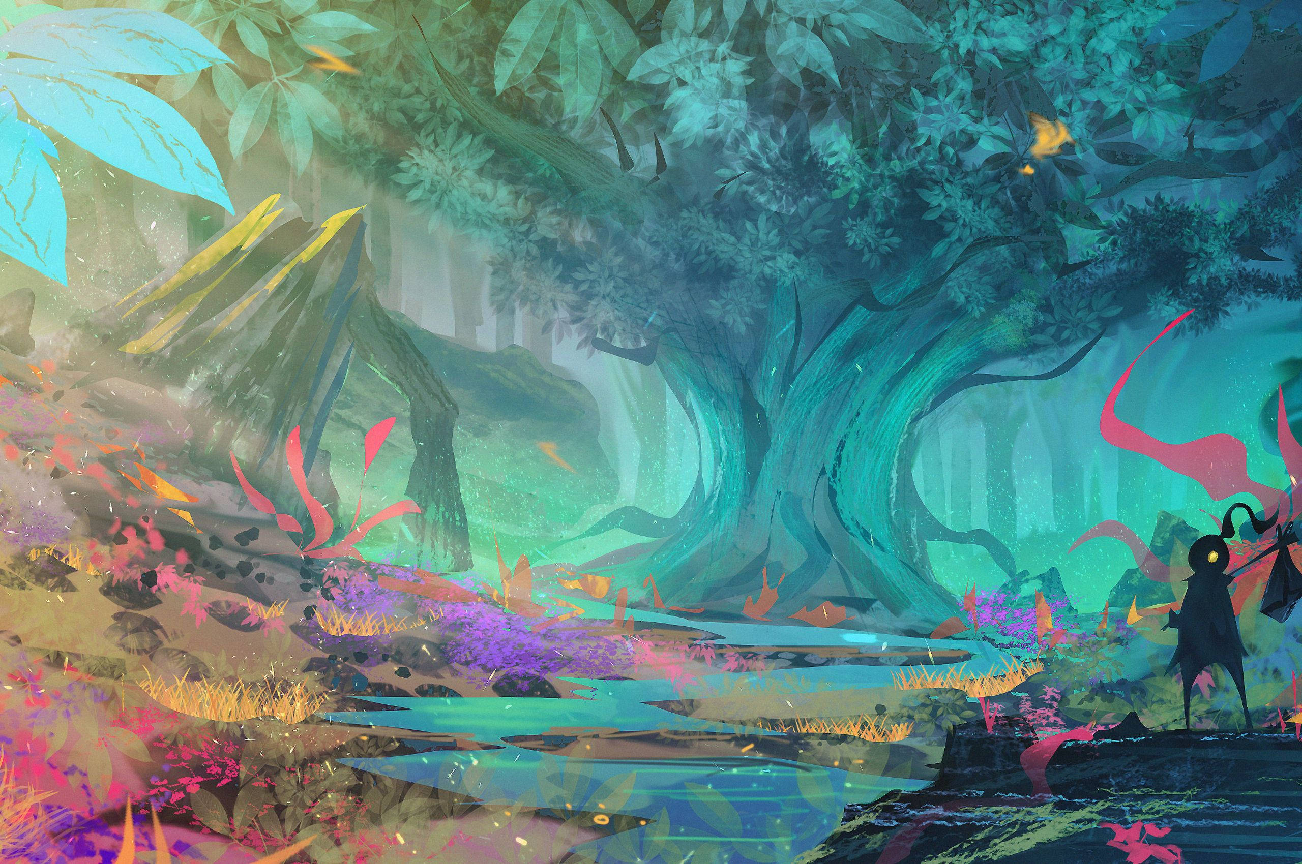 Chromebook, forest, glowing stream, 2K Desktop Wallpaper