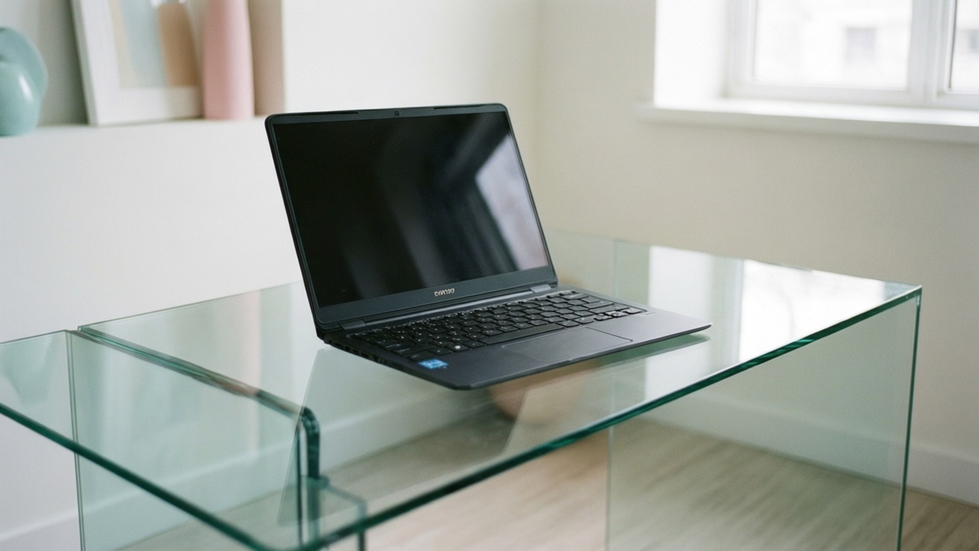 Chromebook, glass table, minimalist, Full HD Desktop Wallpaper