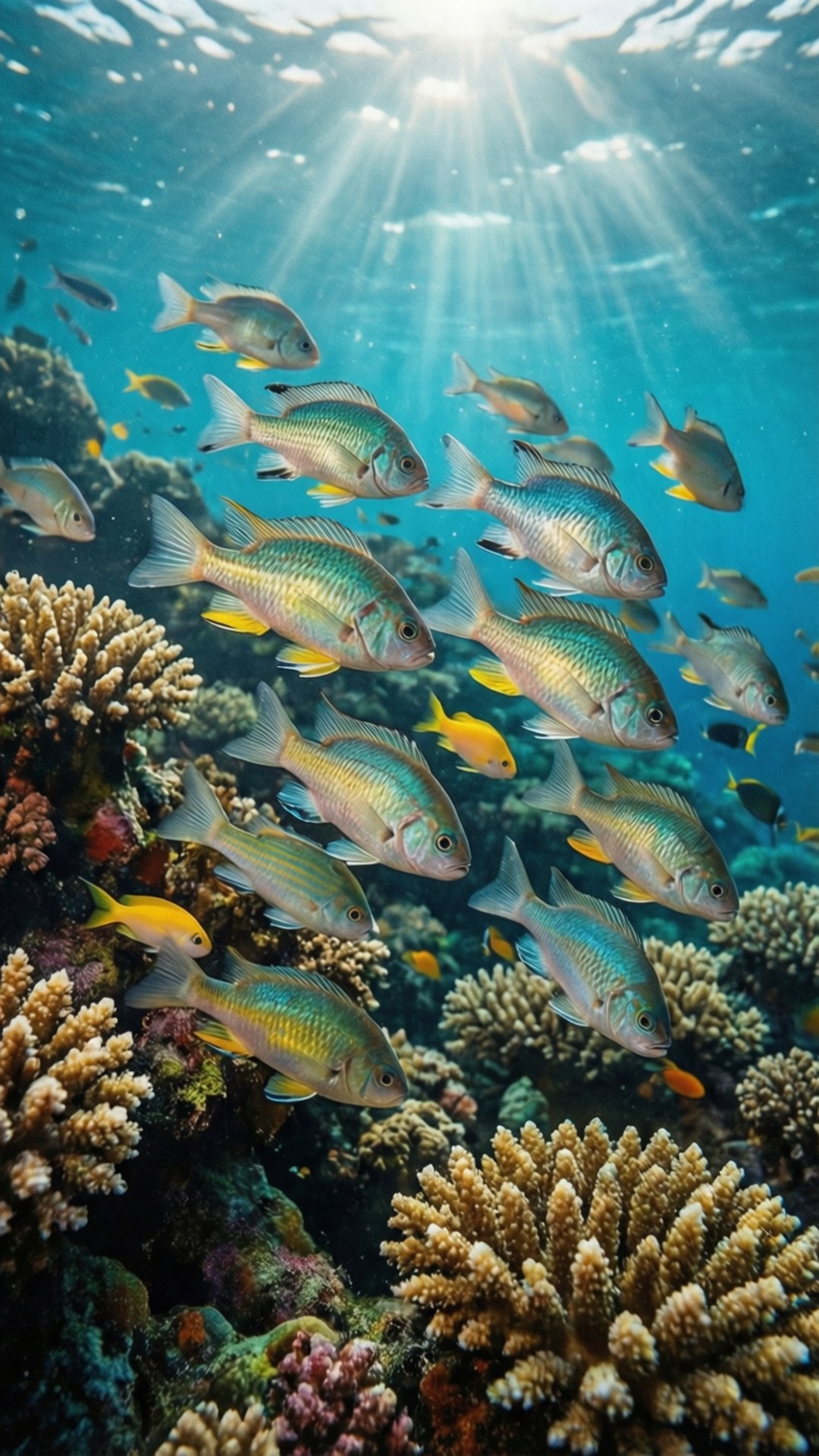 chromis, school of chromis, colorful corals, Full HD Phone Wallpaper