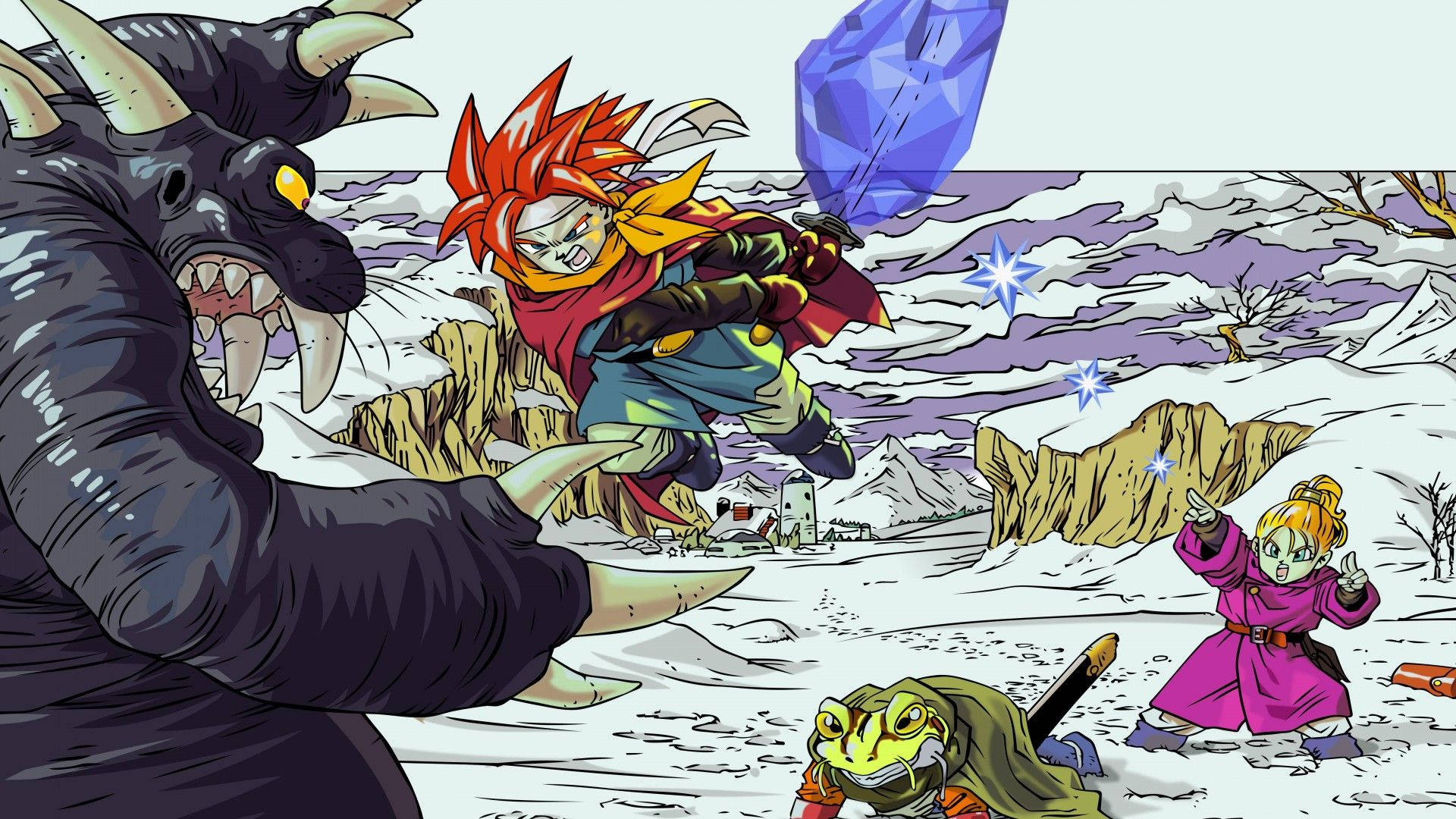 Chrono Trigger, red-haired warrior, giant black monster, Full HD Desktop Wallpaper