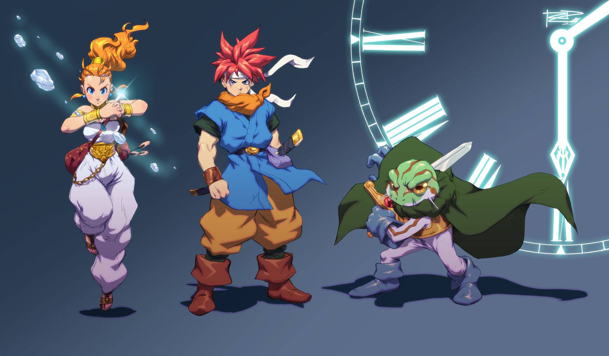 Chrono Trigger, anime-style warriors, glowing clock backdrop, Full HD Desktop Wallpaper
