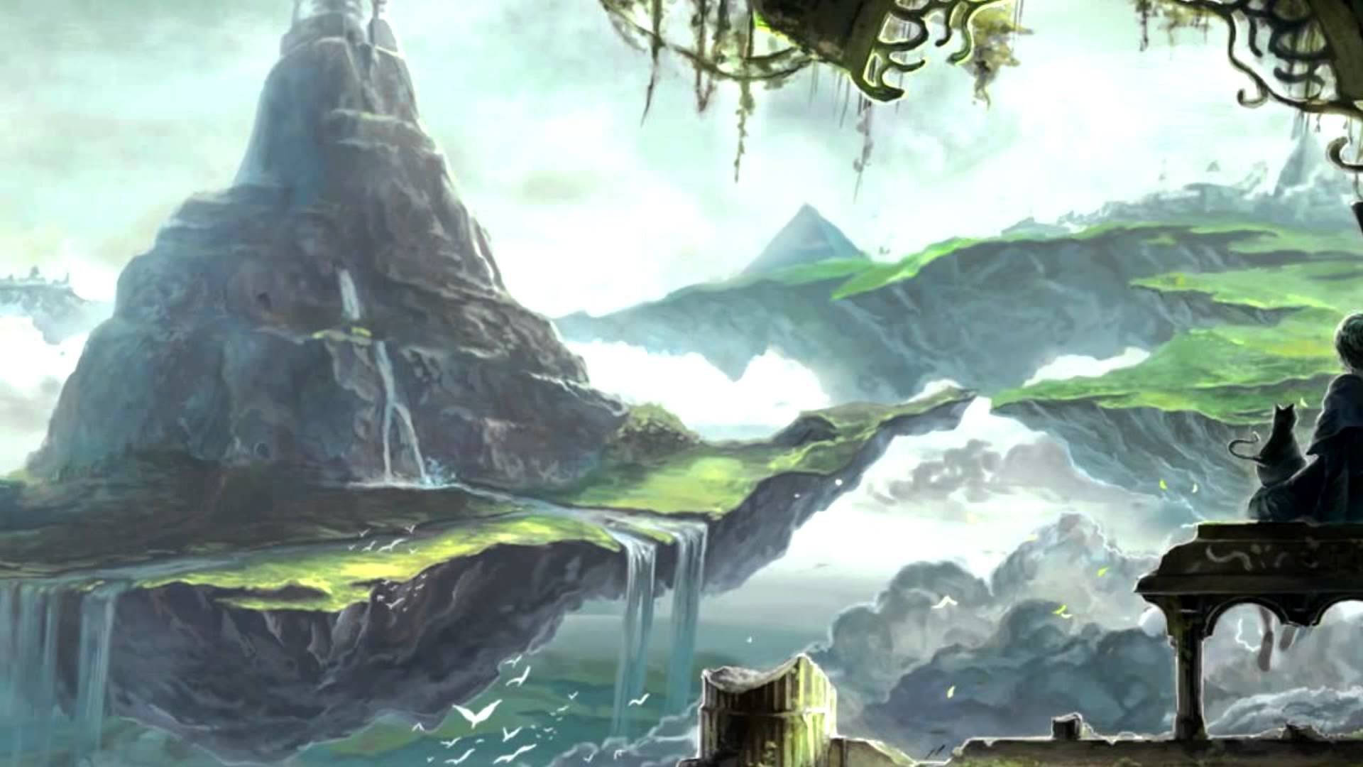 Chrono Trigger, floating island, stone bench, Full HD Desktop Wallpaper