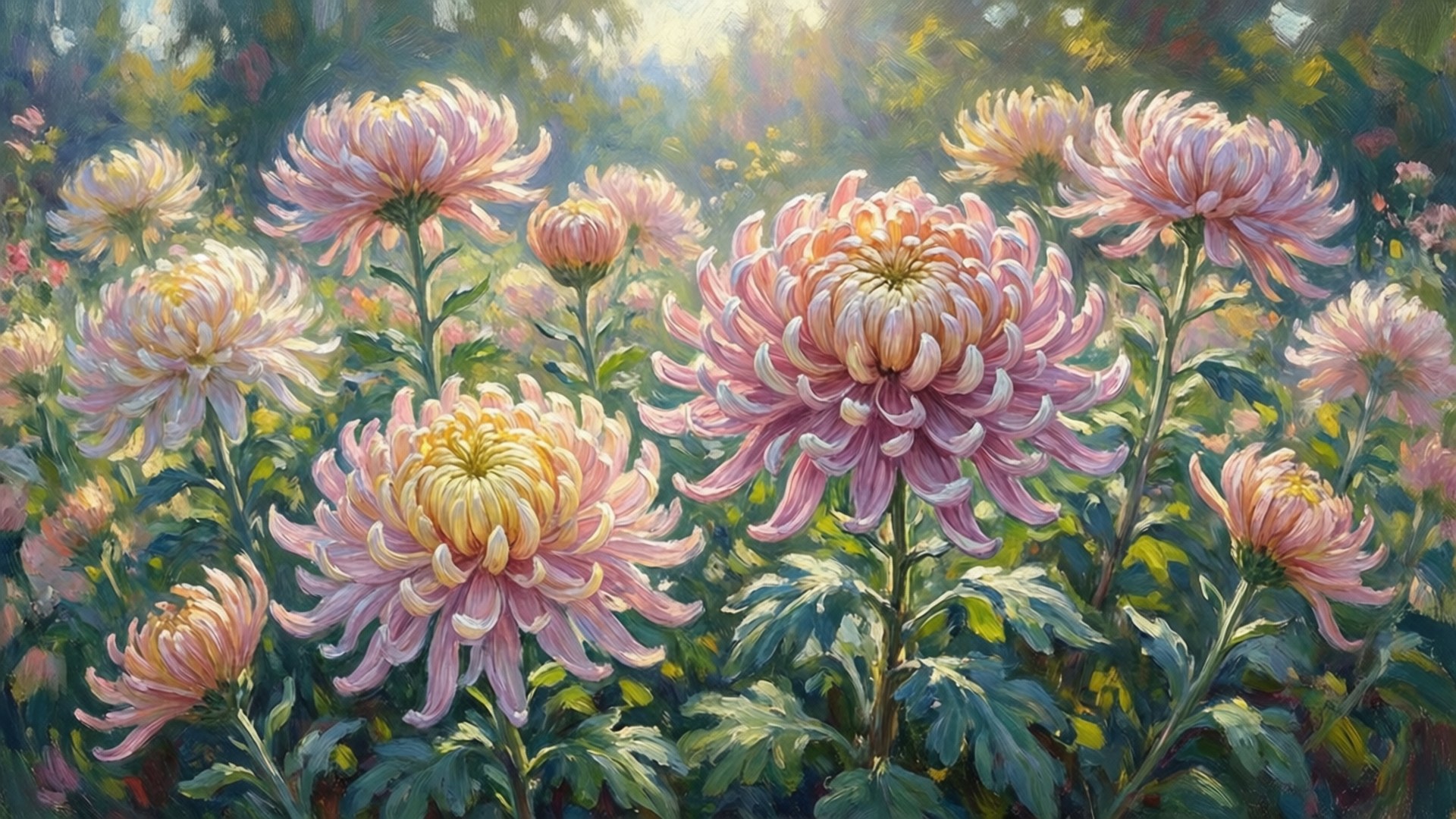 Impressionist Chrysanthemums, Monet-inspired, chrysanthemums, Full HD Desktop Wallpaper