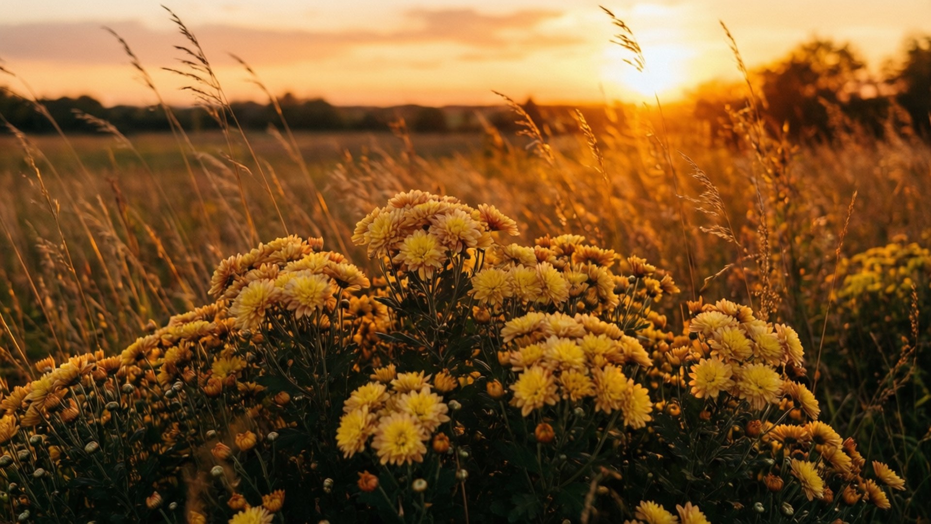 Golden Chrysanthemum Field, golden chrysanthemums, sunlit field, Full HD Desktop Wallpaper