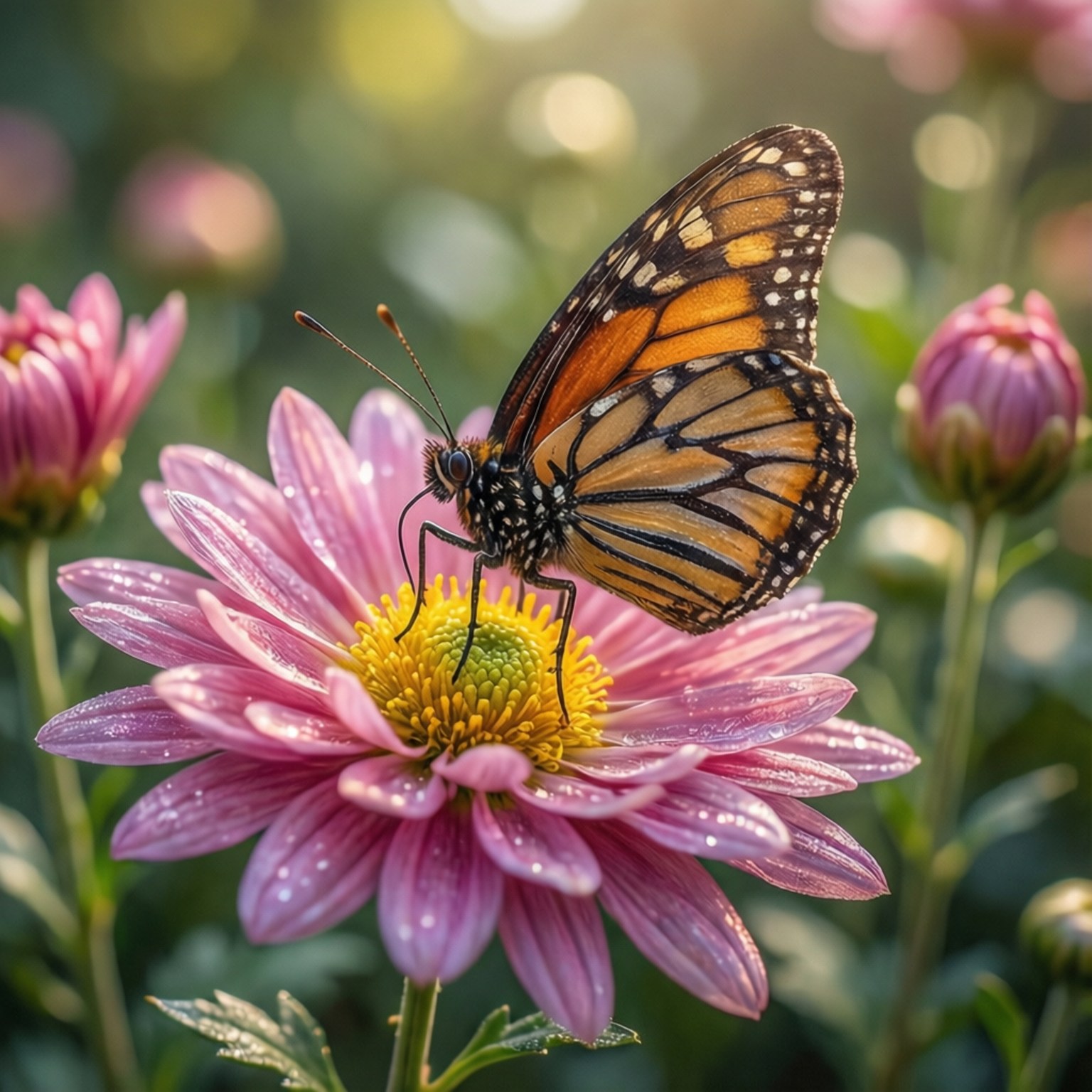 butterfly, pink chrysanthemum, soft focus, HD Desktop Wallpaper