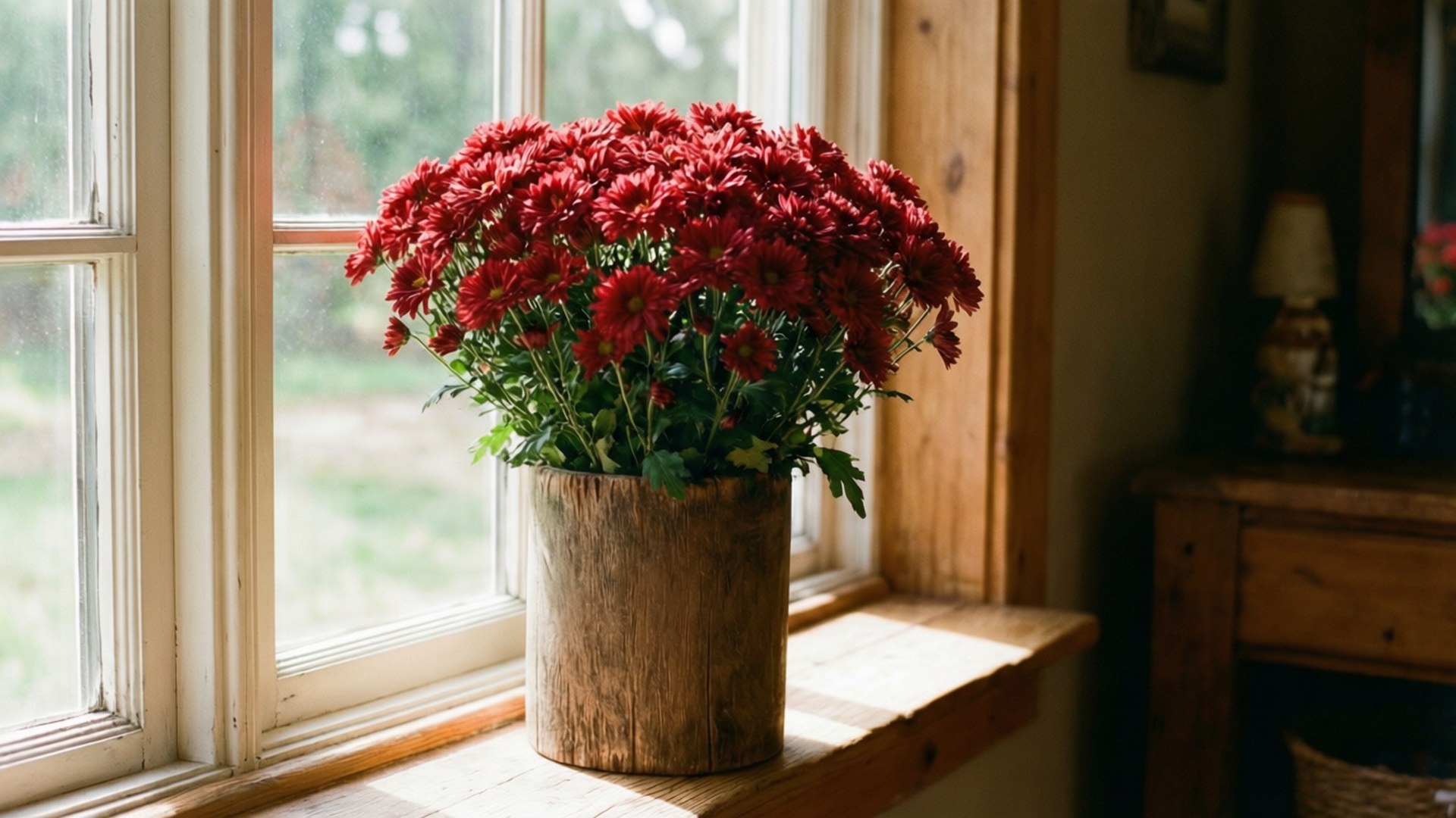 rustic red chrysanthemums, deep red chrysanthemums, rustic wooden vase, Full HD Desktop Wallpaper