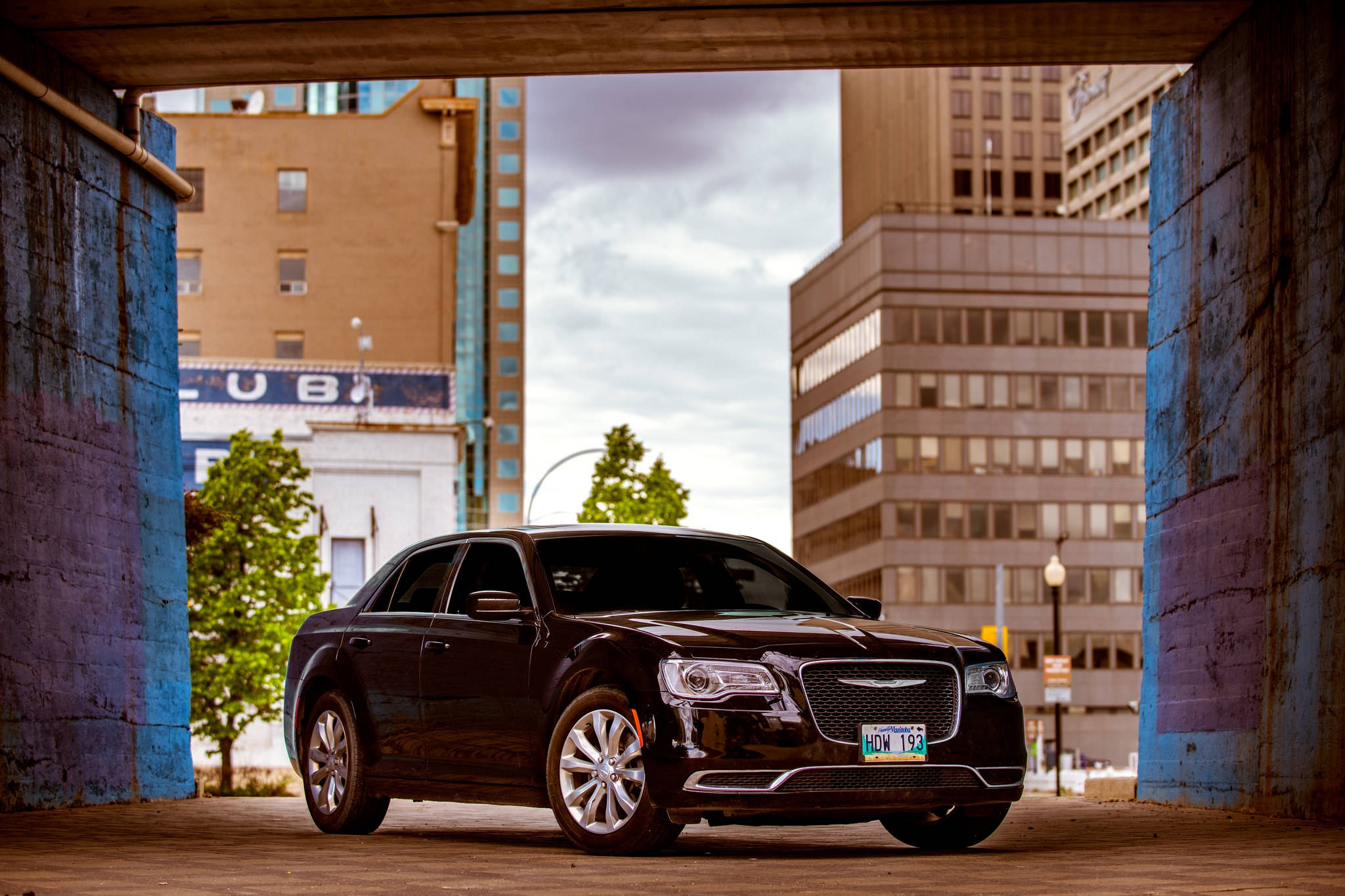 2016 Chrysler 300, black sedan, blue-painted urban overpass, Full HD Desktop Wallpaper