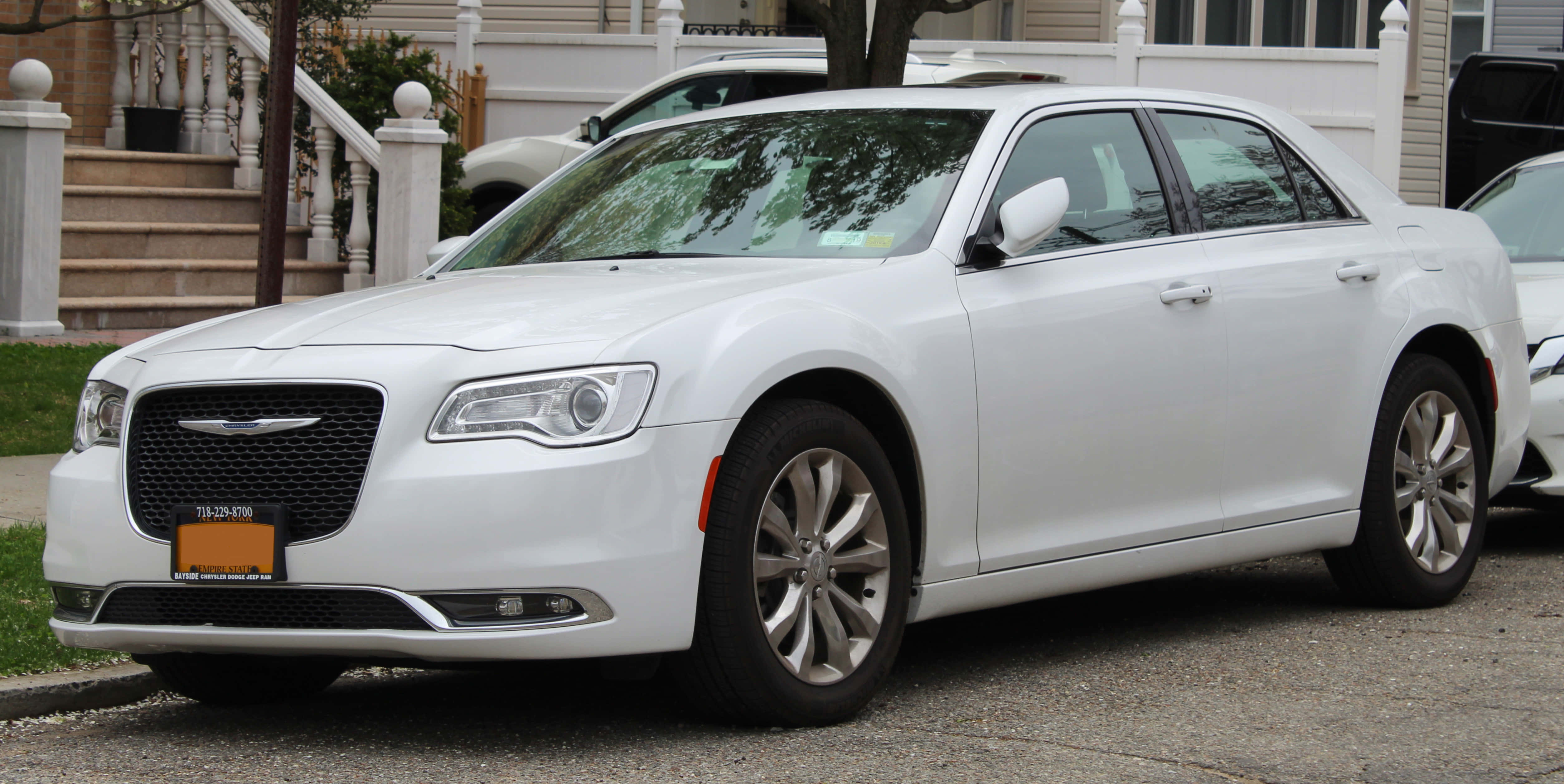 Chrysler 300, white, residential street, 4K Desktop Wallpaper