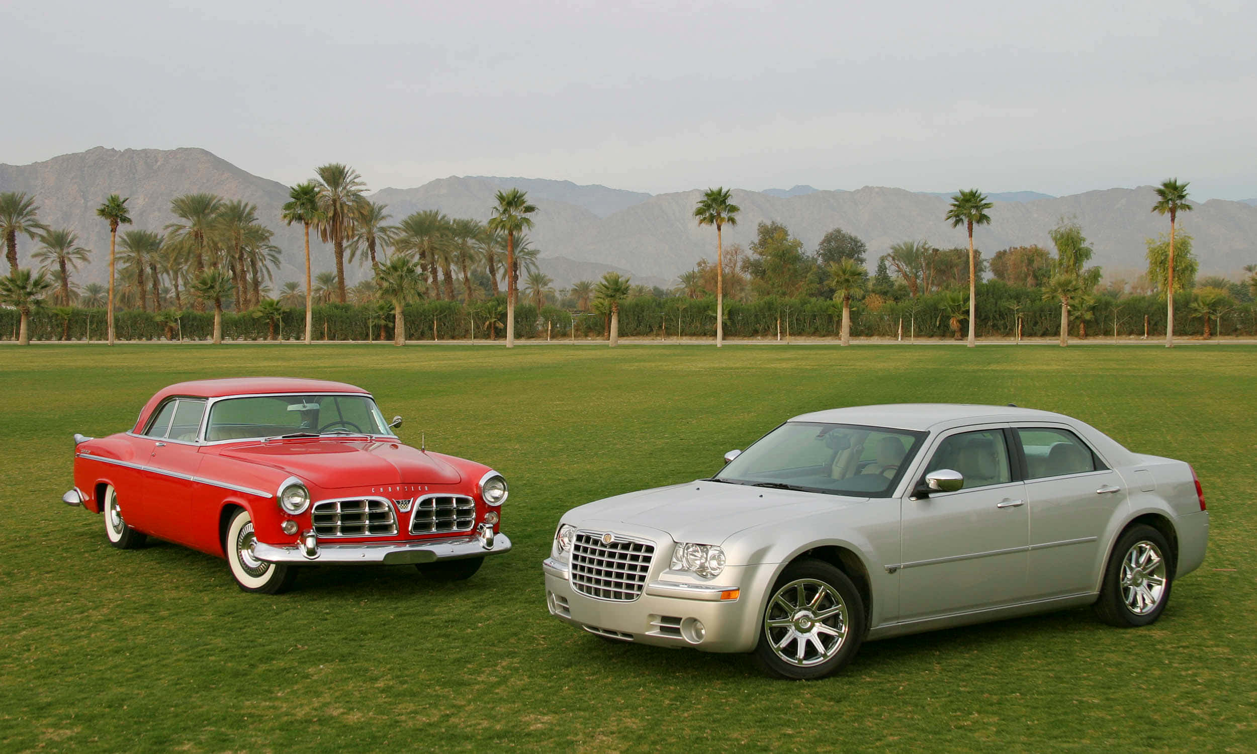 Chrysler 300, classic red car, modern silver sedan, Full HD Desktop Wallpaper