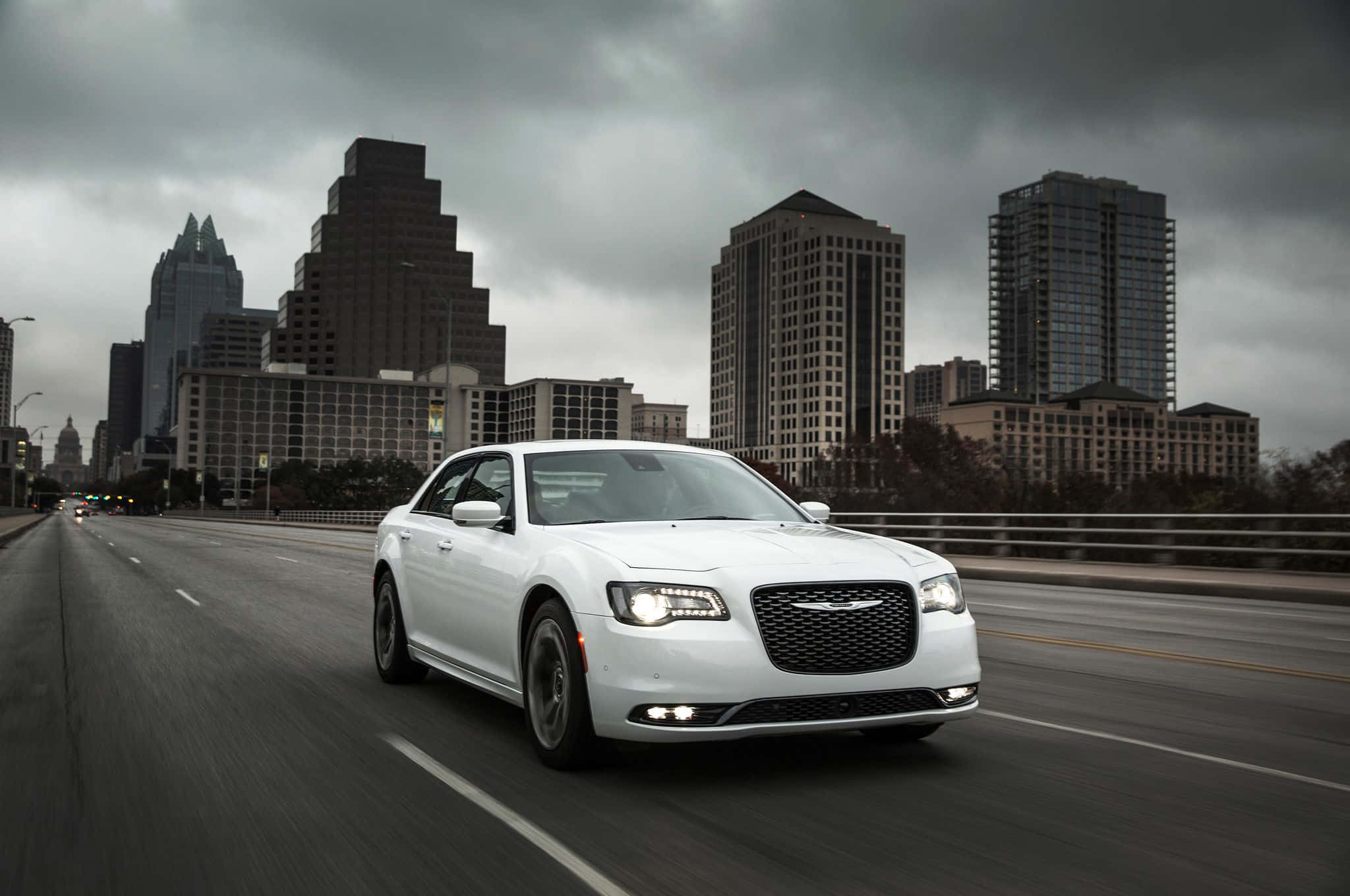 Chrysler 300, white sedan, city bridge, Full HD Desktop Wallpaper