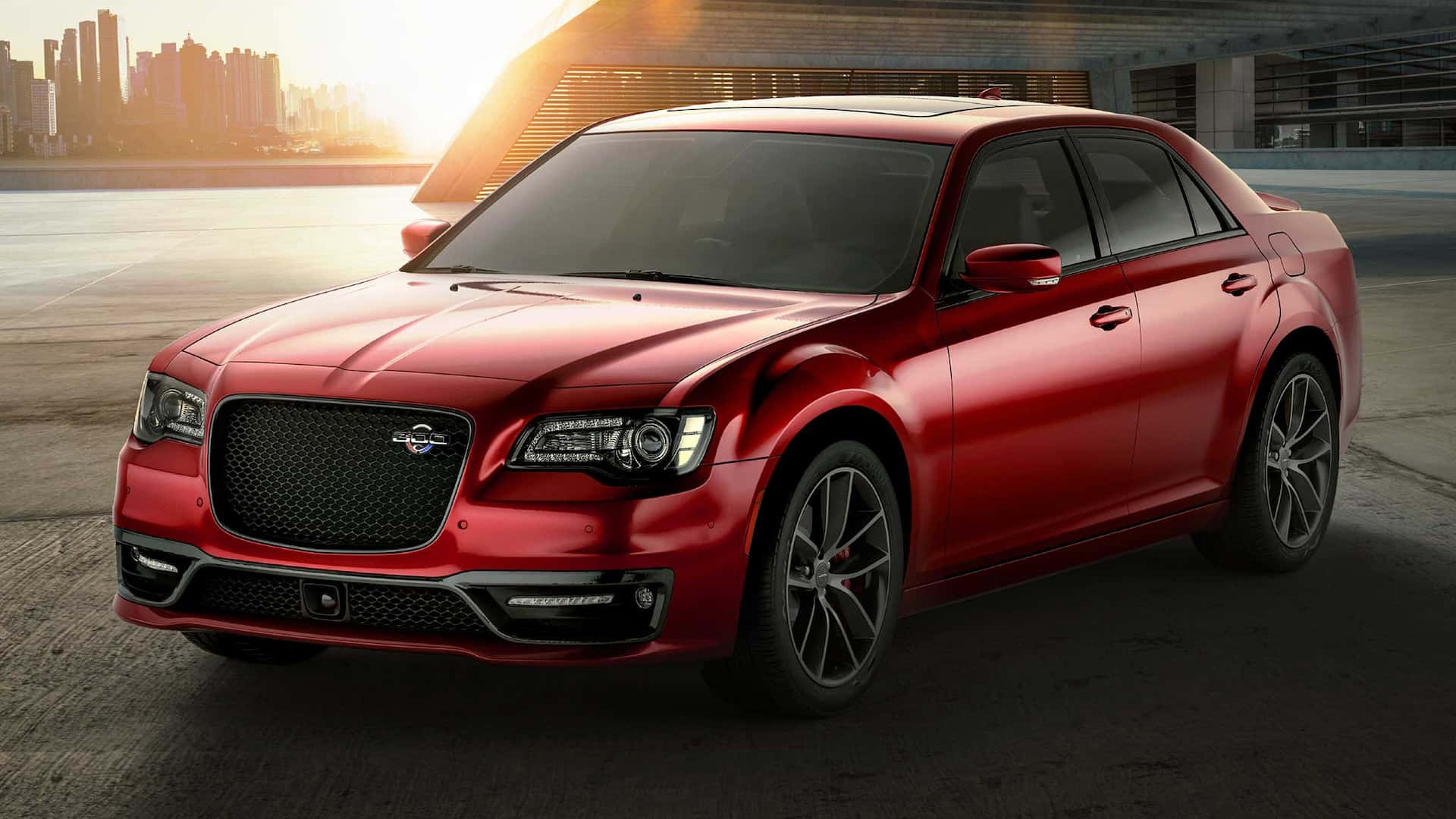 Chrysler 300, glossy red, golden sunset light, Full HD Desktop Wallpaper