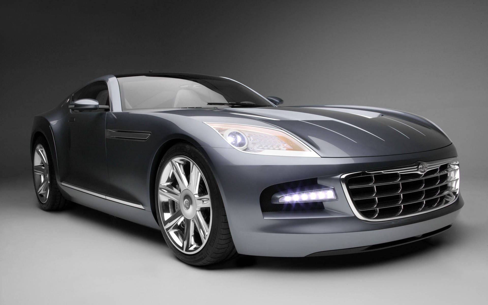 Silver Chrysler Crossfire, glowing headlights, chrome wheels, Full HD Desktop Wallpaper