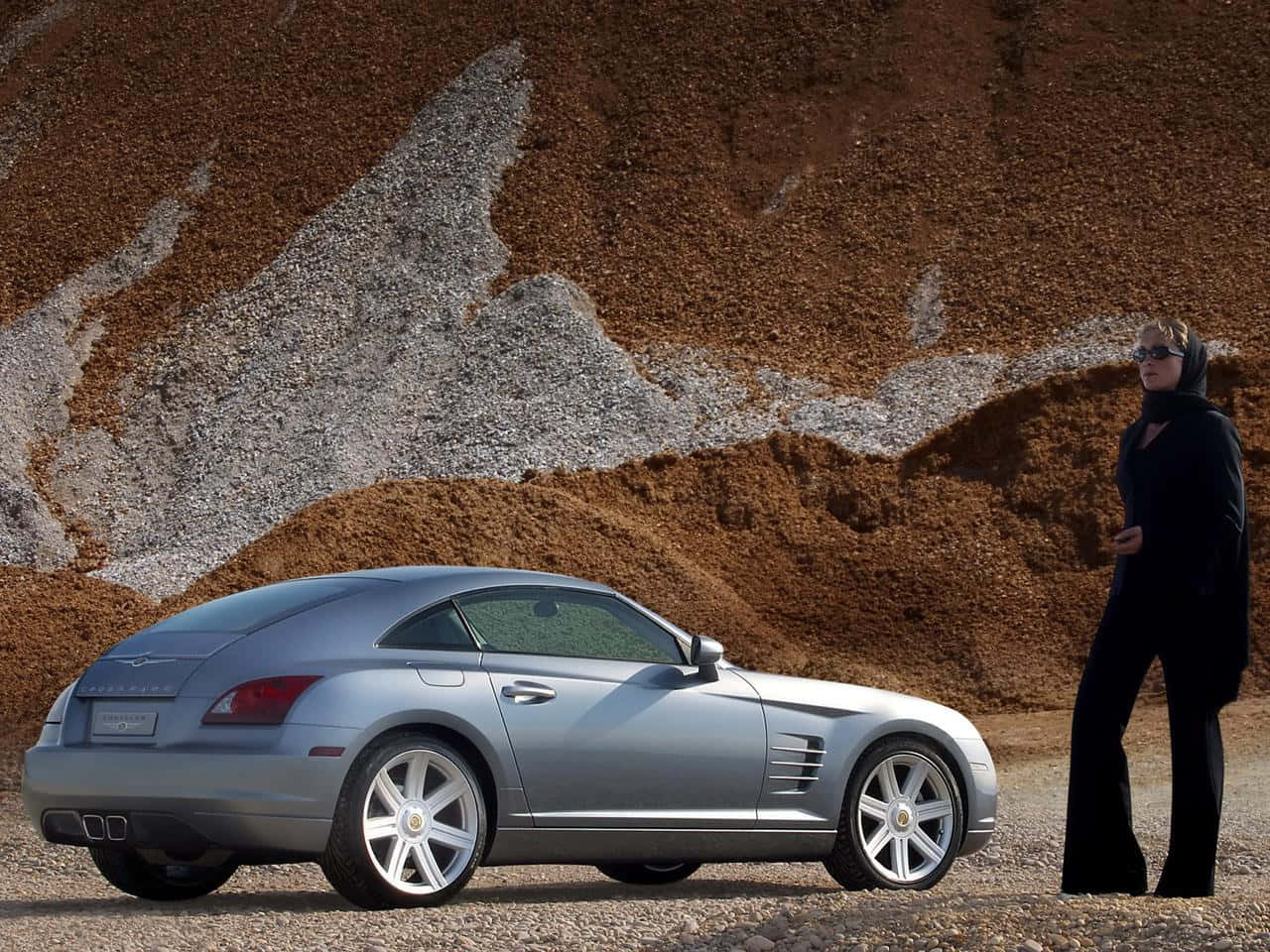 Chrysler Crossfire, silver, woman in black, HD Desktop Wallpaper