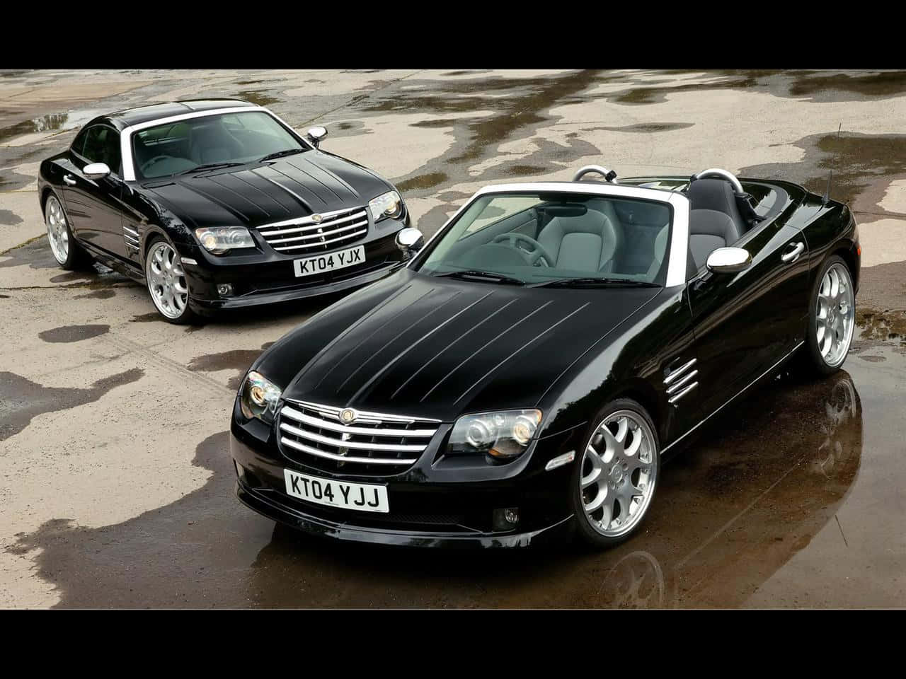 Chrysler Crossfire, glossy black, wet pavement, HD Desktop Wallpaper