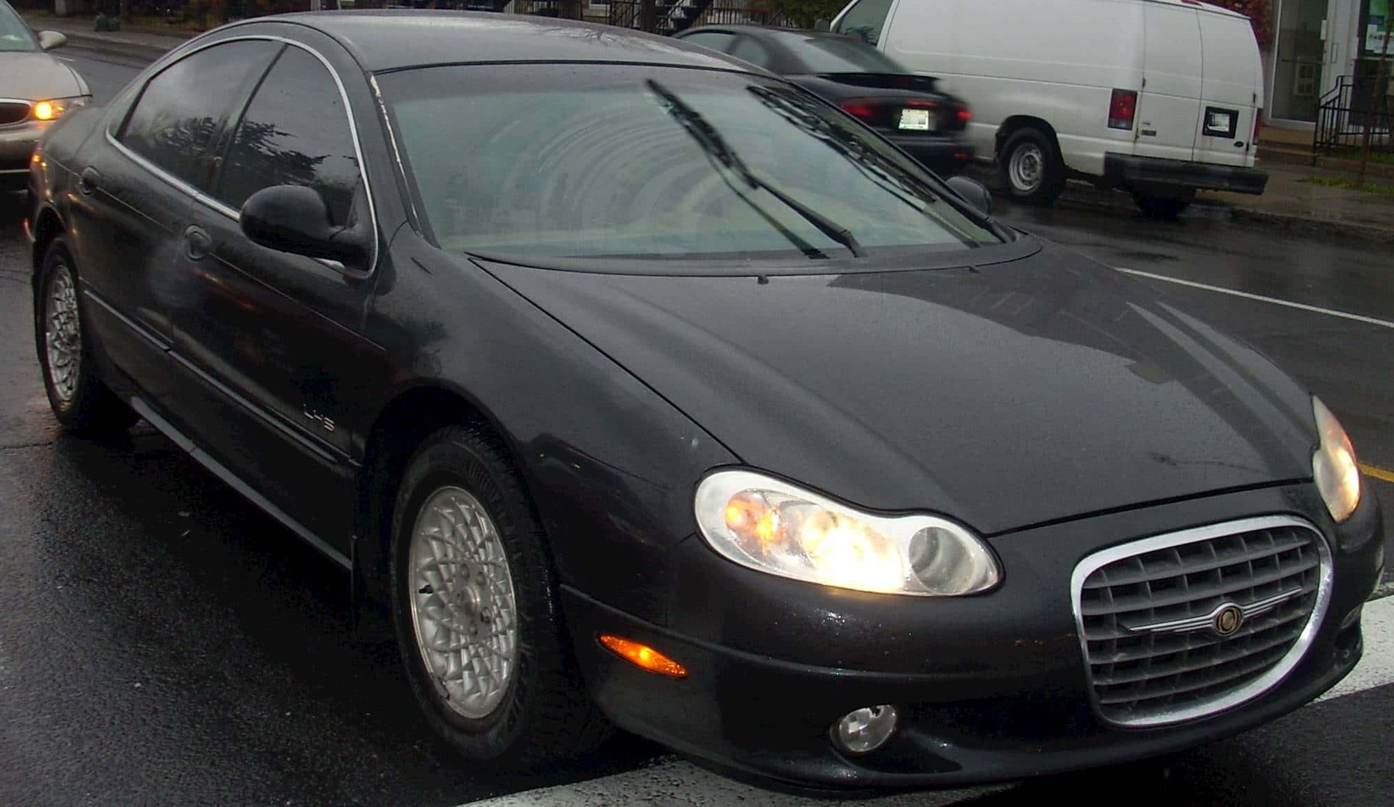 2001 Chrysler LHS, black, wet city street, Full HD Desktop Wallpaper