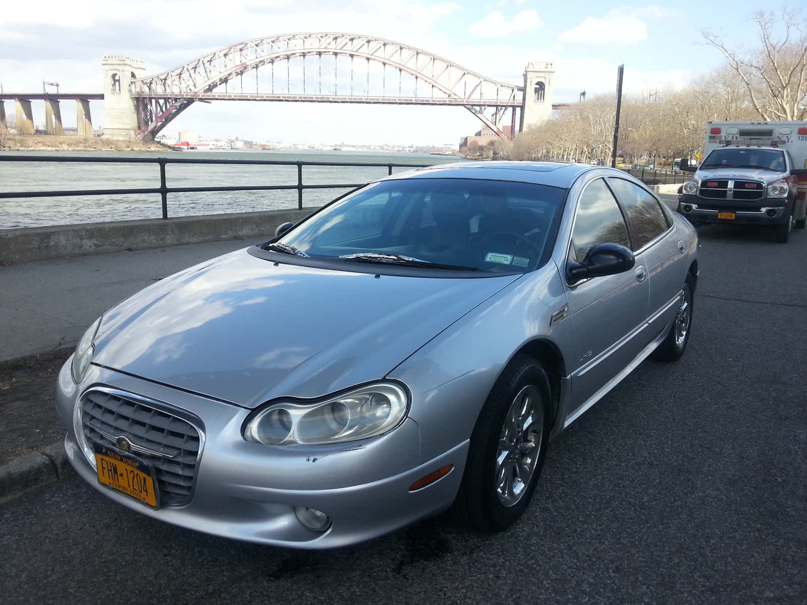 Chrysler LHS, silver, waterfront, HD Desktop Wallpaper