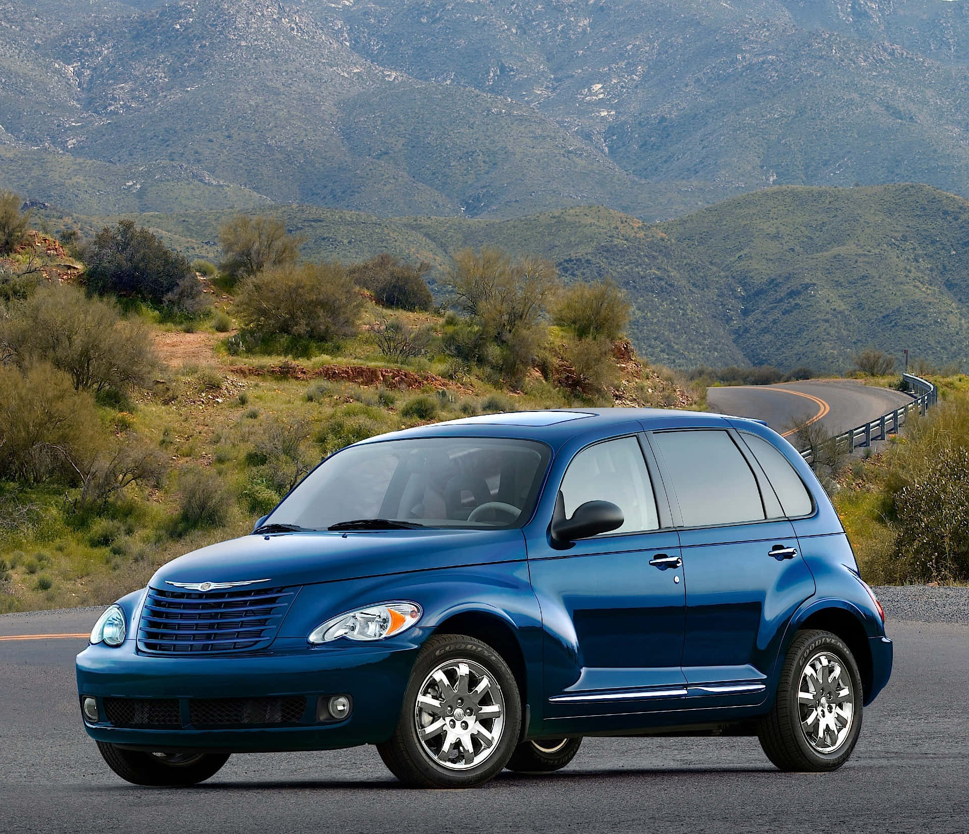 Chrysler PT Cruiser, shiny blue, winding mountain road, Full HD Desktop Wallpaper
