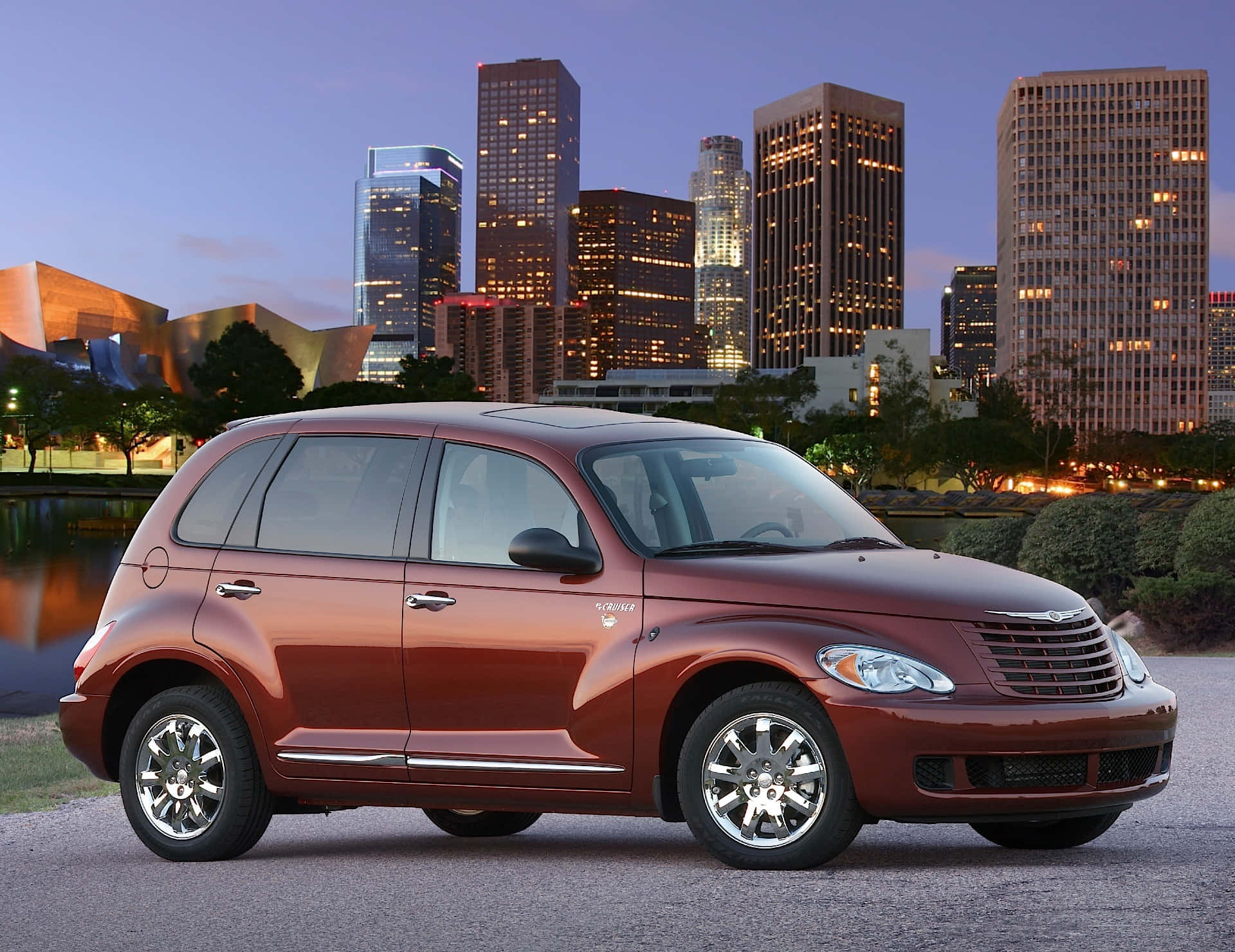 Chrysler PT Cruiser, maroon, twilight city skyline, Full HD Desktop Wallpaper