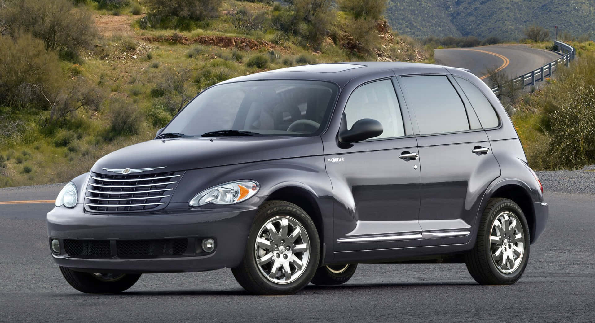 Chrysler PT Cruiser, dark gray, winding mountain road, Full HD Desktop Wallpaper