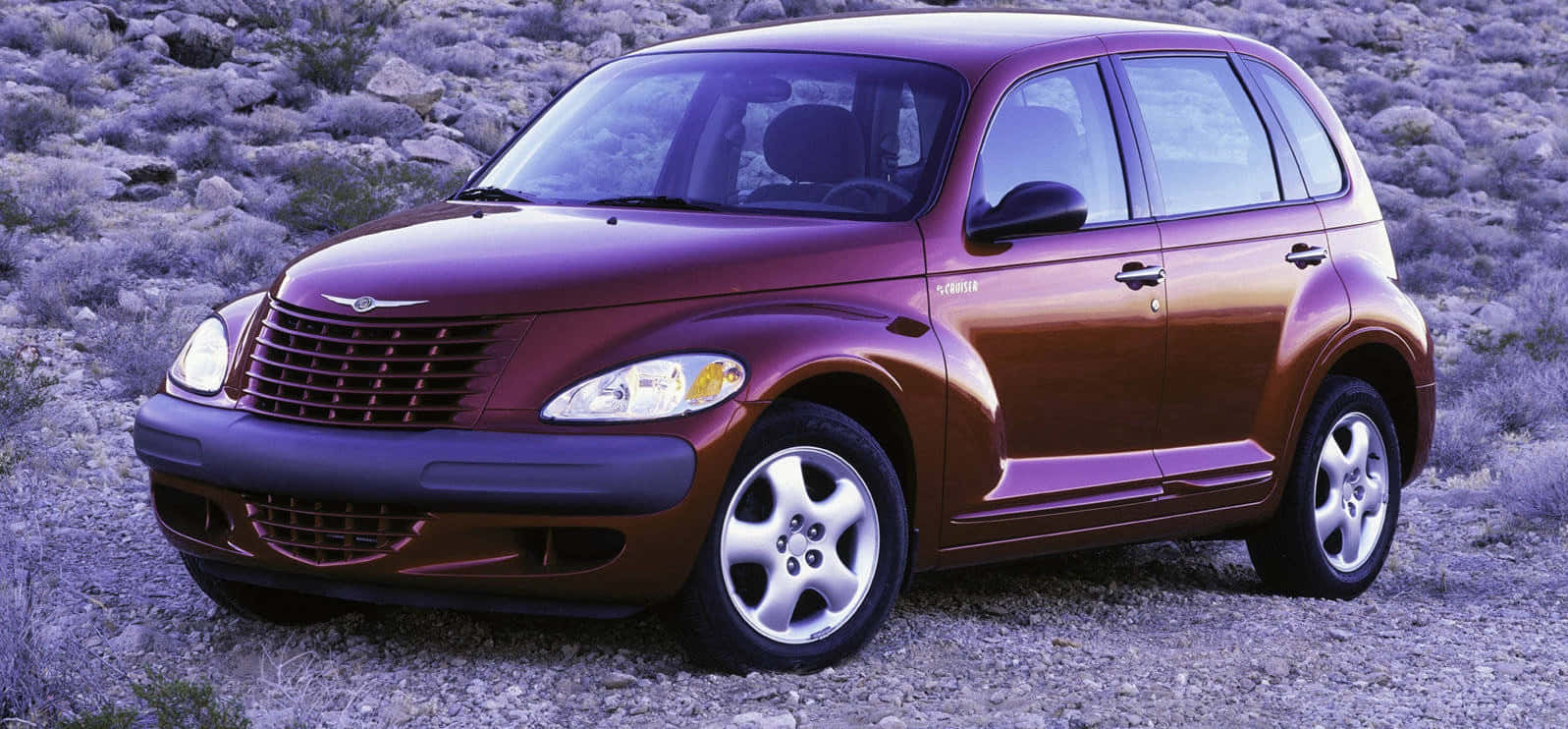 Chrysler PT Cruiser, maroon, rocky desert terrain, HD Desktop Wallpaper