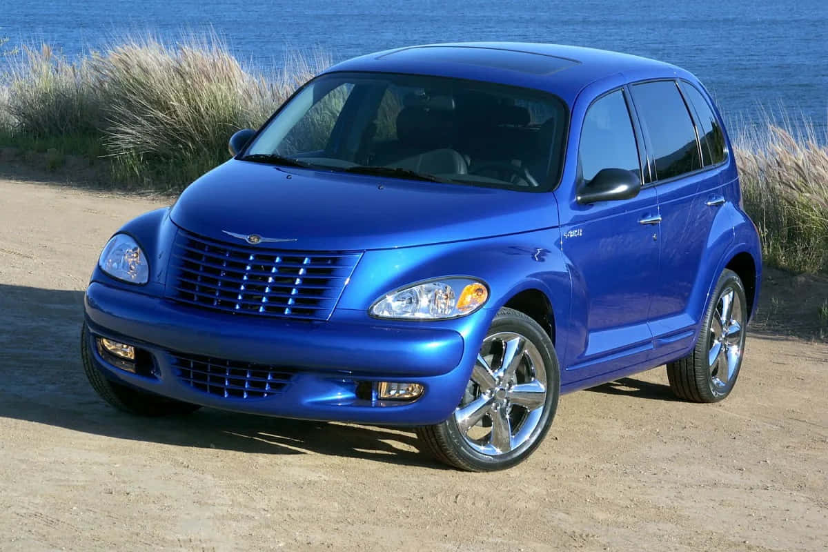 Chrysler PT Cruiser, shiny blue, sandy beach, SD Desktop Wallpaper