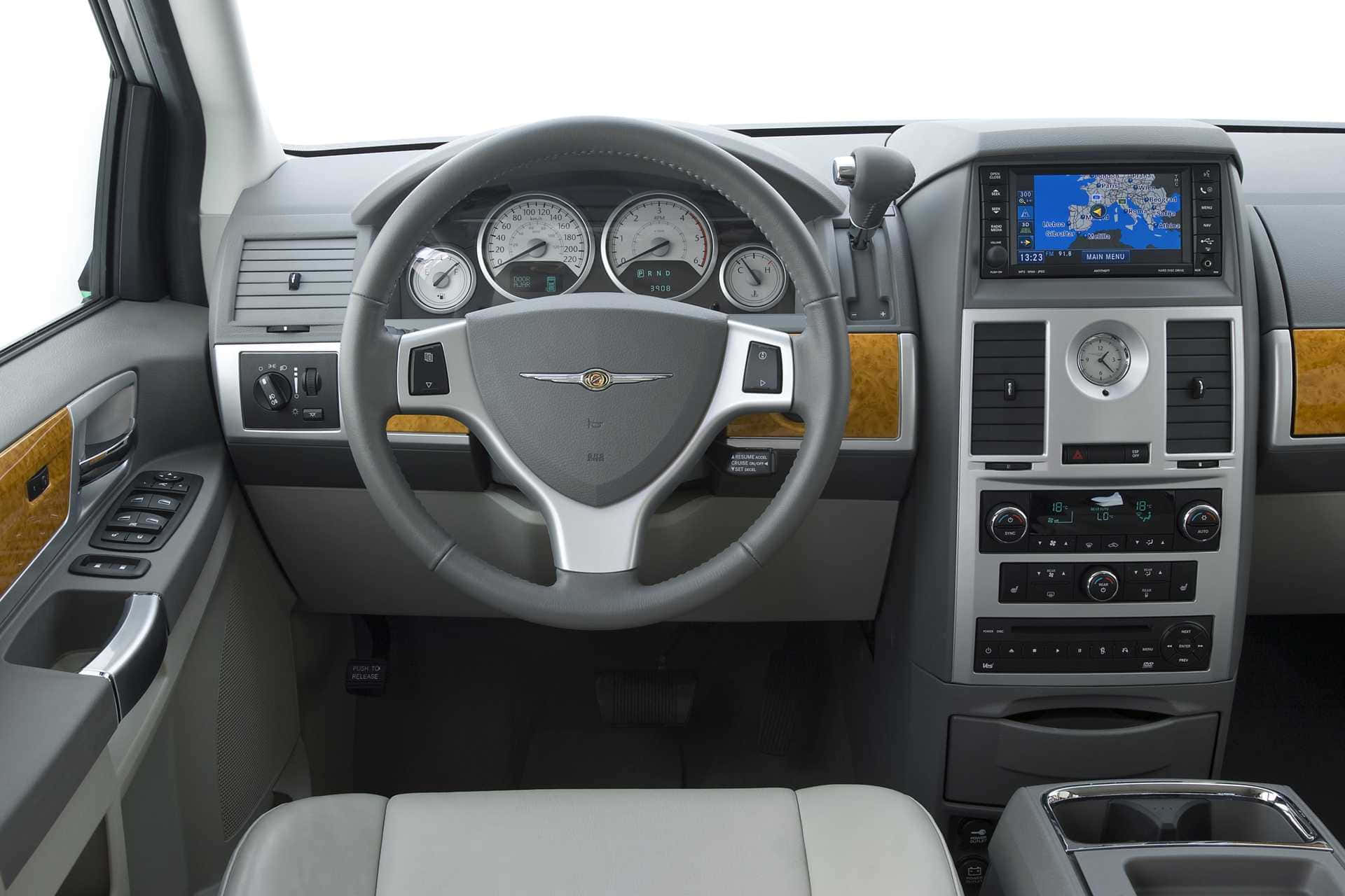 Chrysler Voyager, gray leather seats, wood trim, Full HD Desktop Wallpaper