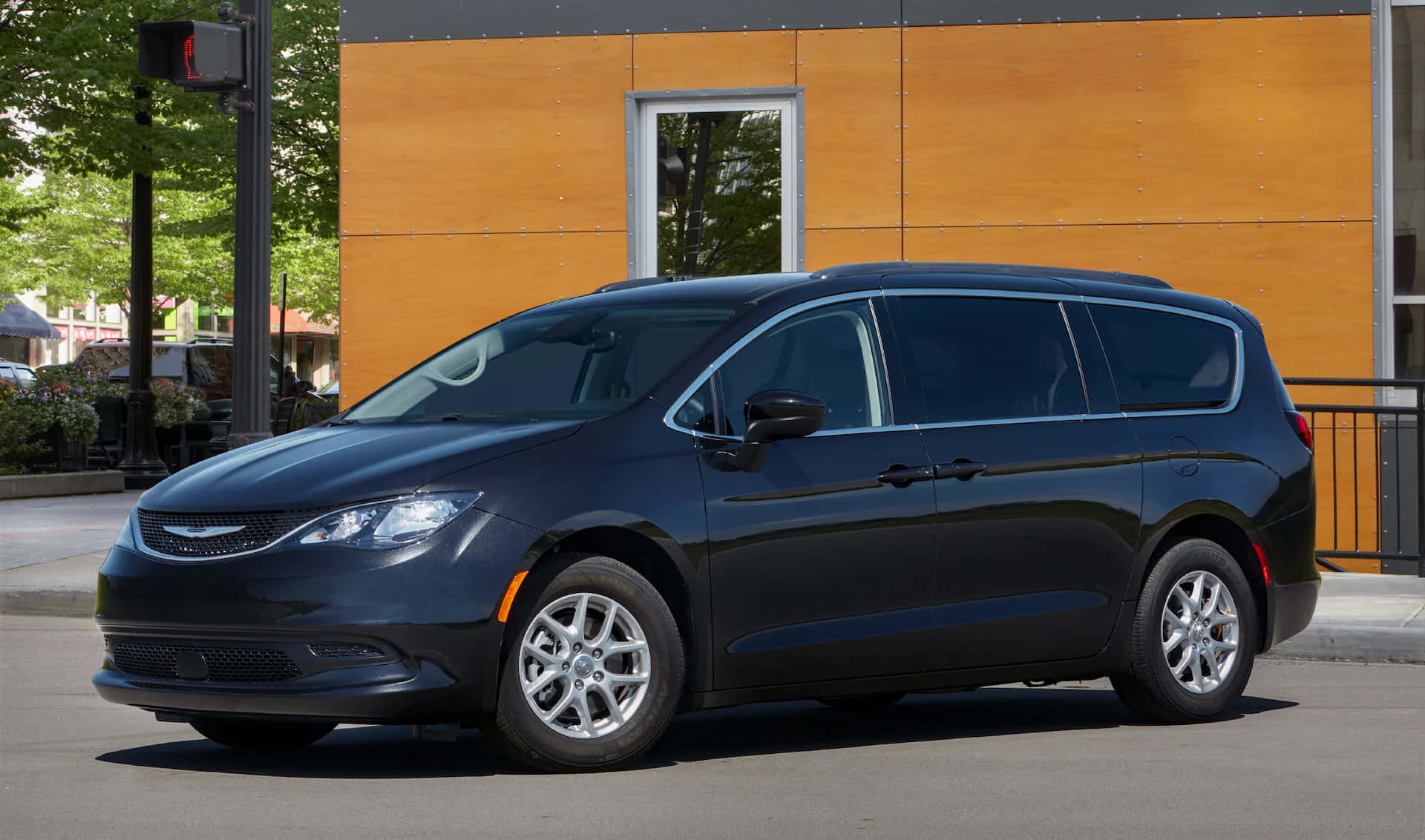 Chrysler Voyager, black, sunny city street, Full HD Desktop Wallpaper