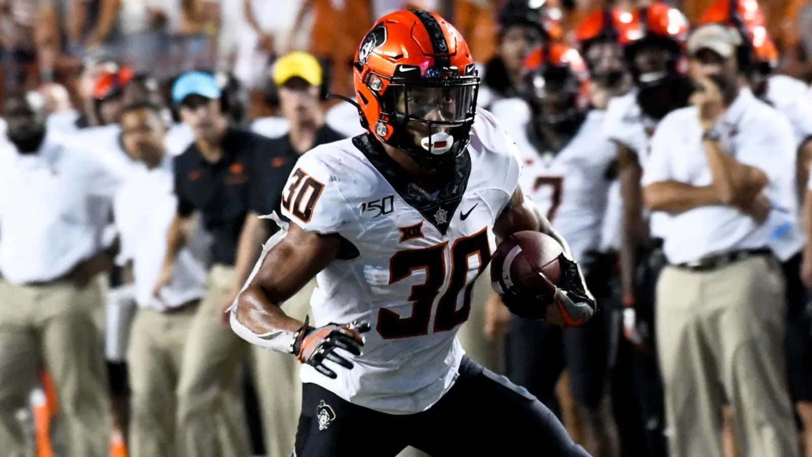 Chuba Hubbard, orange helmet, white jersey number 30, HD Desktop Wallpaper
