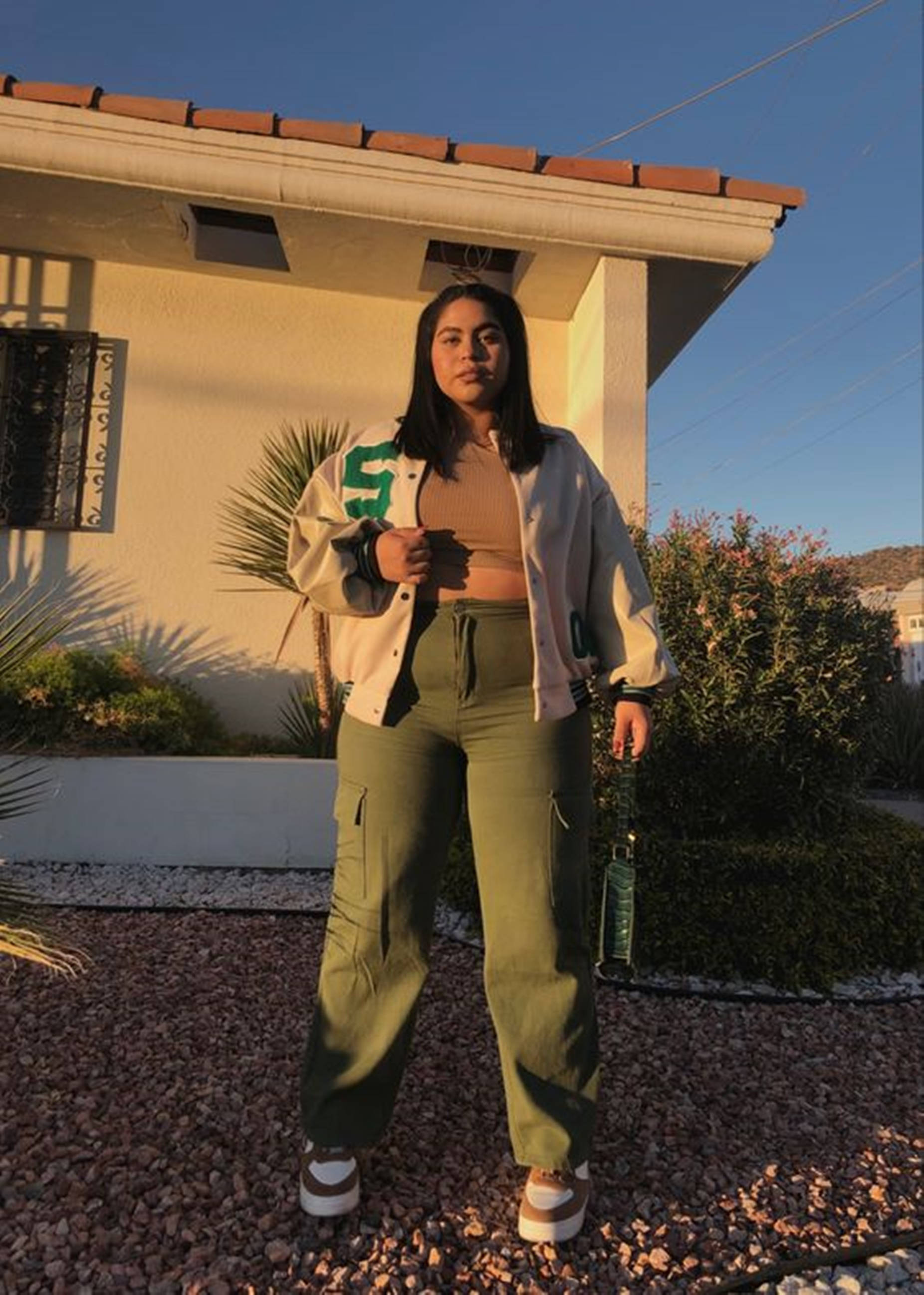 Chubby Teen, army green pants, beige jacket, 2K Phone Wallpaper