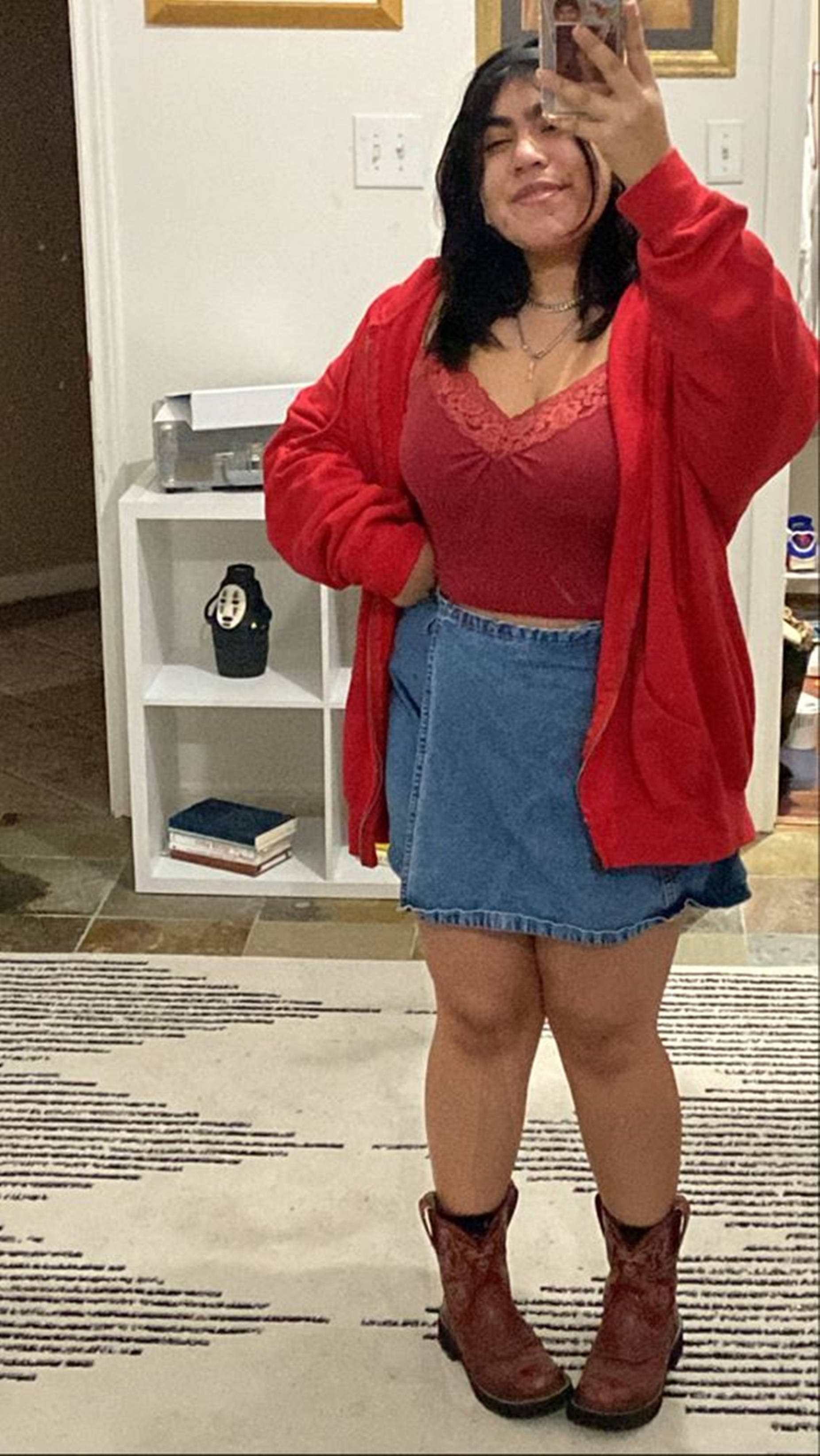 chubby teen, red jacket, cardigan, 2K Phone Wallpaper