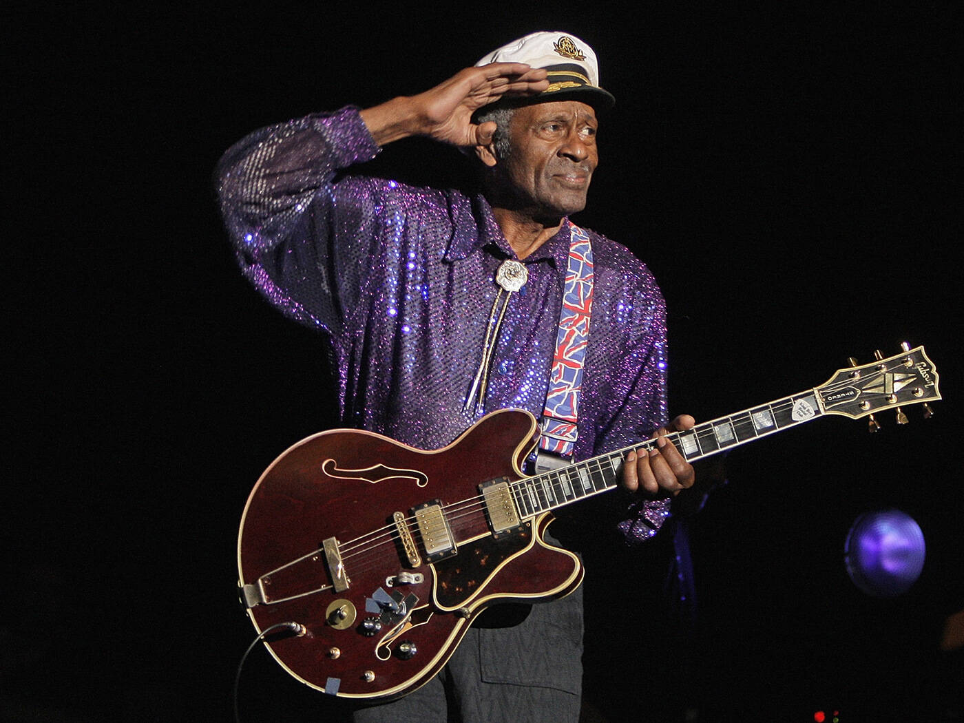 Chuck Berry, sparkling purple shirt, sailor hat, HD Desktop Wallpaper