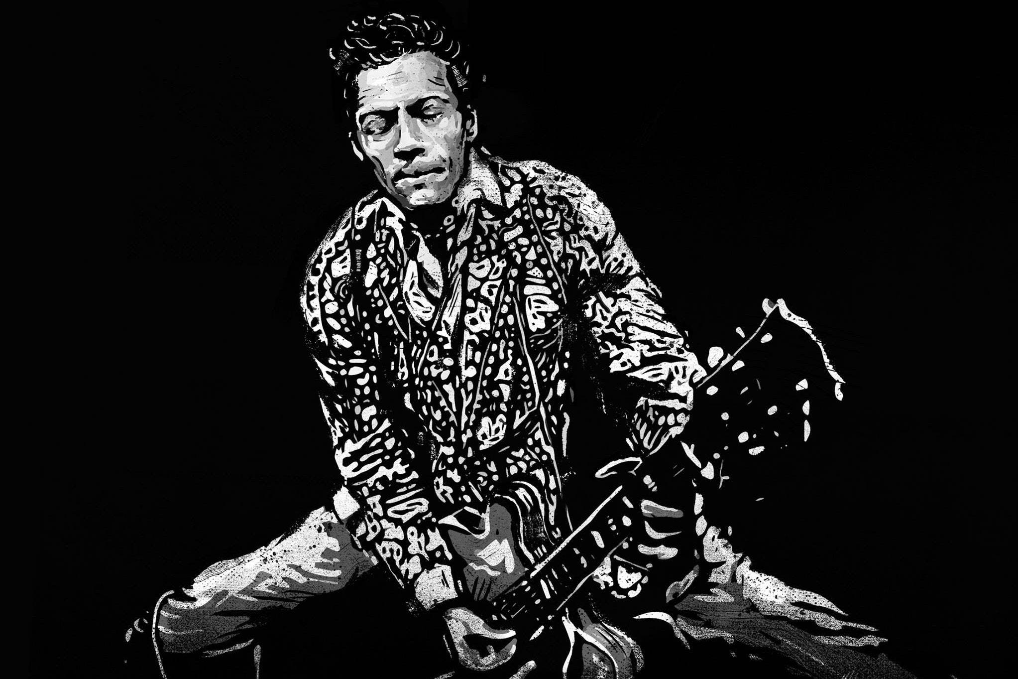 Chuck Berry, electric guitar, black and white illustration, Full HD Desktop Wallpaper