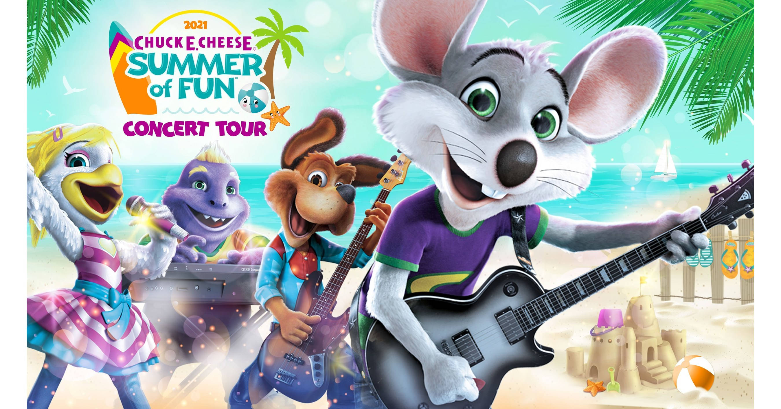 Chuck E Cheese, concert tour poster, anthropomorphic animals, 2K Desktop Wallpaper