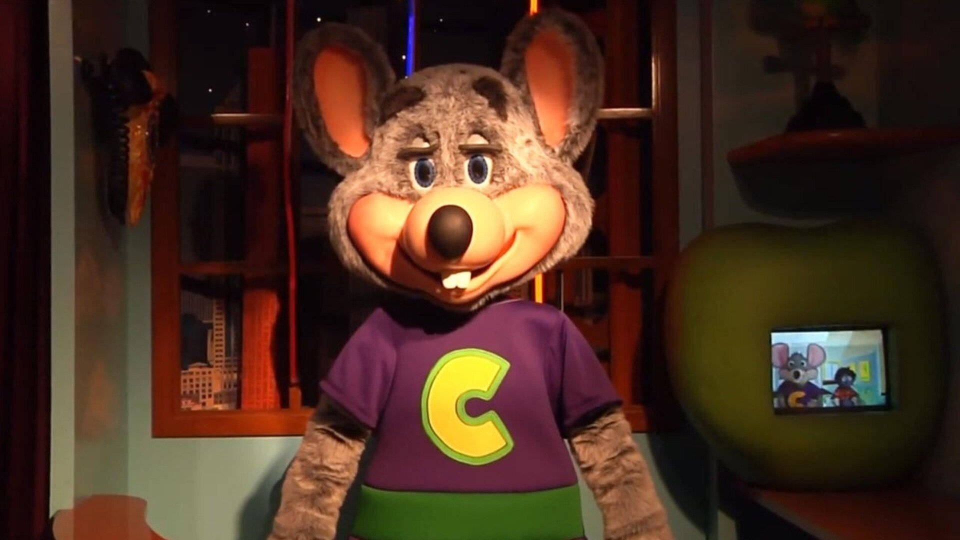 Chuck E Cheese, cartoon mouse mascot, purple shirt, Full HD Desktop Wallpaper