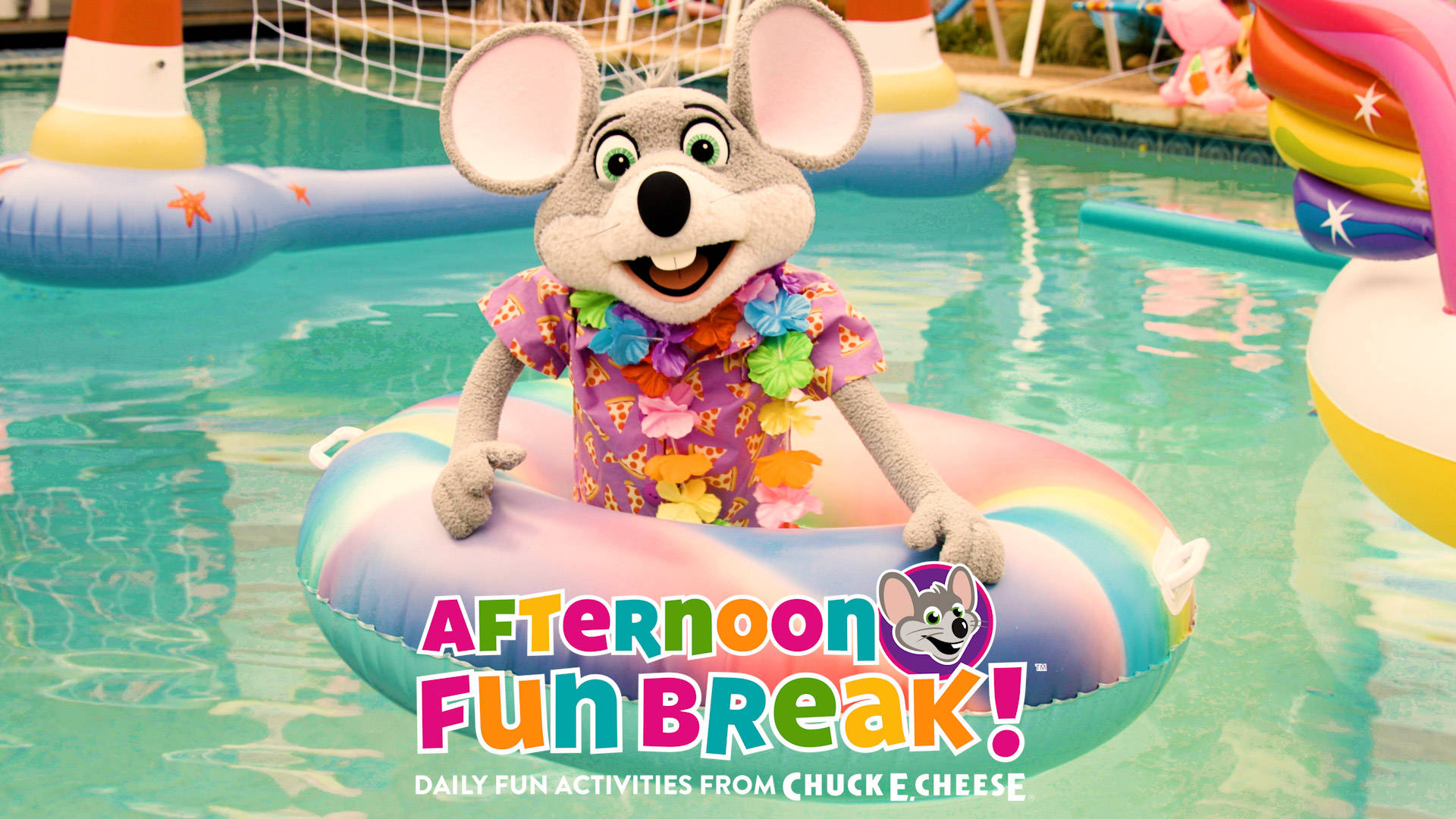 Chuck E Cheese, swimming pool, rainbow inner tube, Full HD Desktop Wallpaper