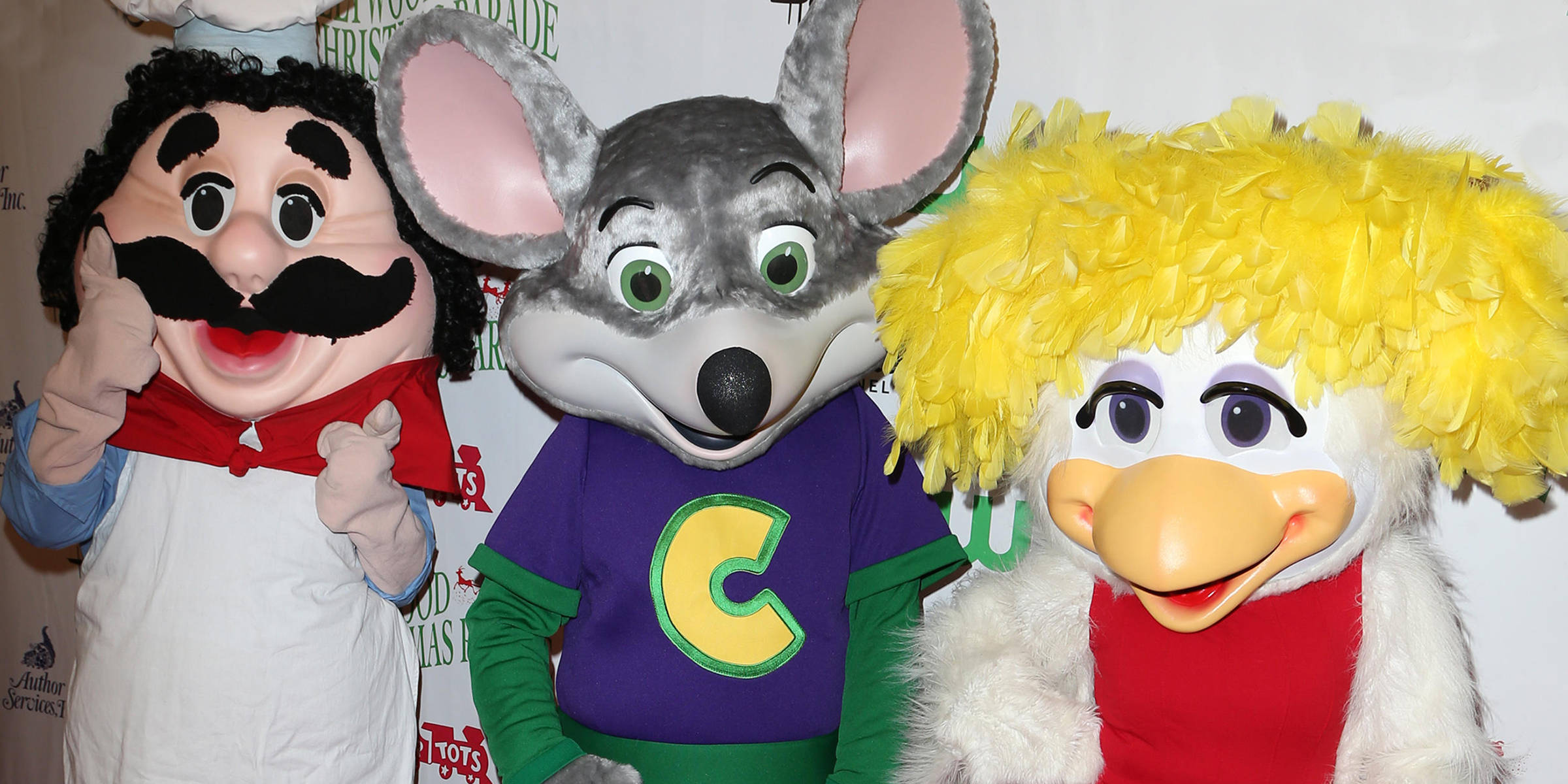 Chuck E Cheese, mustachioed man, gray mouse in purple shirt, Full HD Desktop Wallpaper