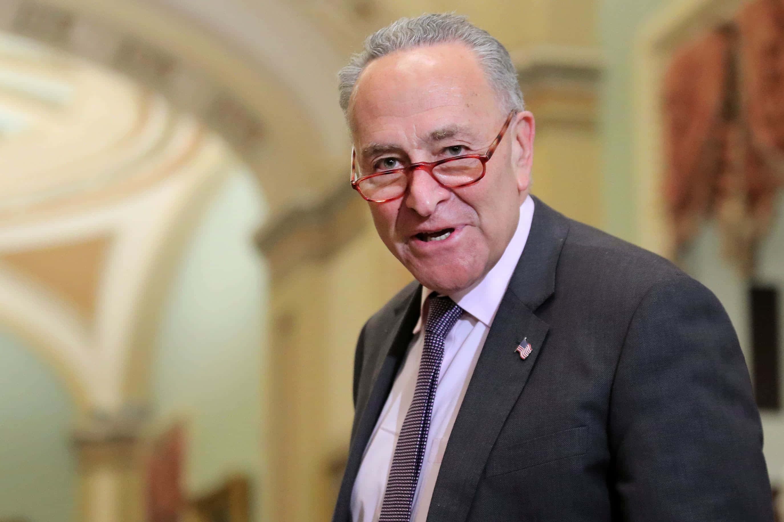 Chuck Schumer, dark suit, red glasses, 2K Desktop Wallpaper