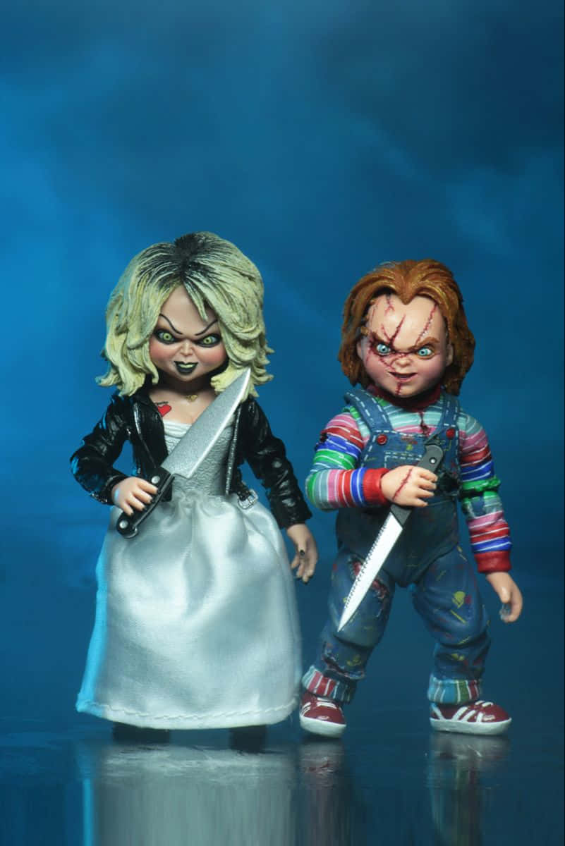 Chucky, Tiffany, moody blue backdrop, SD Phone Wallpaper