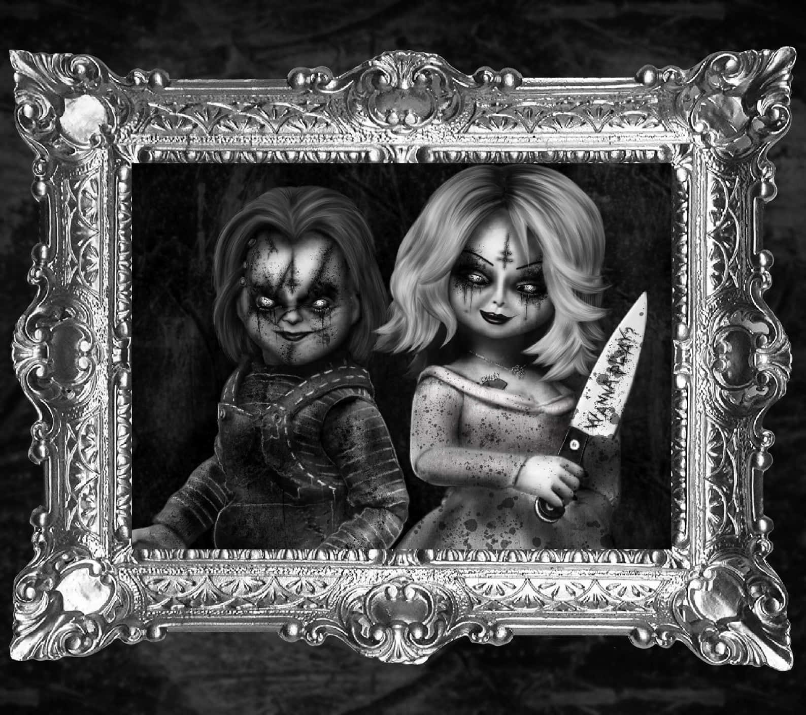 Chucky, Tiffany, black and white frame, HD Desktop Wallpaper