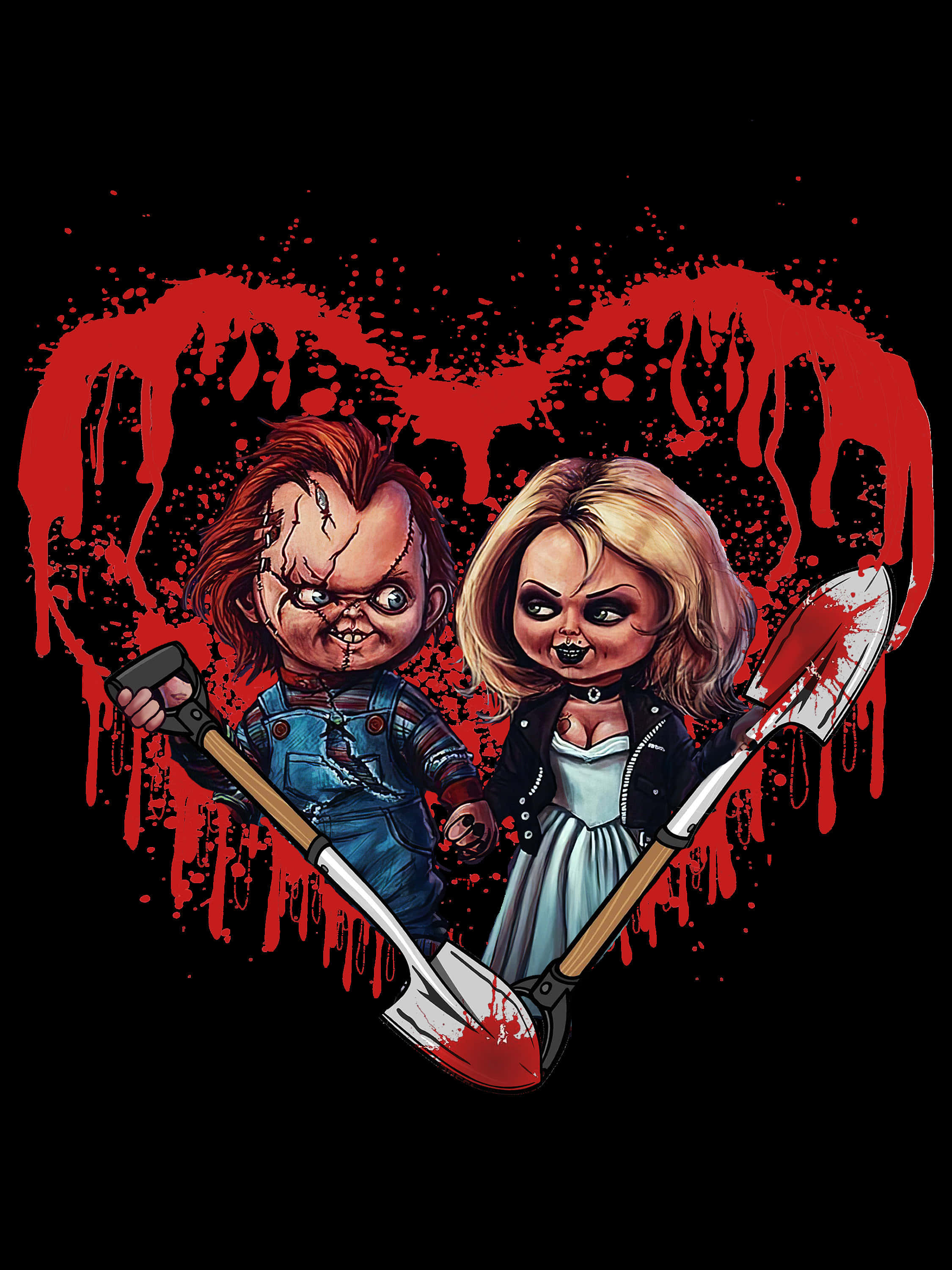 Chucky, Tiffany, bloody shovels, 2K Phone Wallpaper