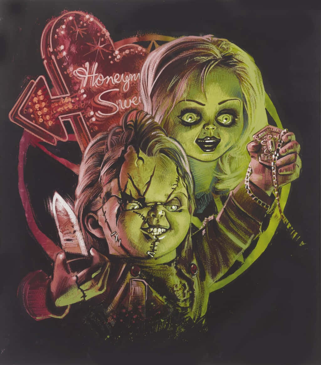Chucky And Tiffany, green-skinned horror dolls, stitched faces, SD Phone Wallpaper