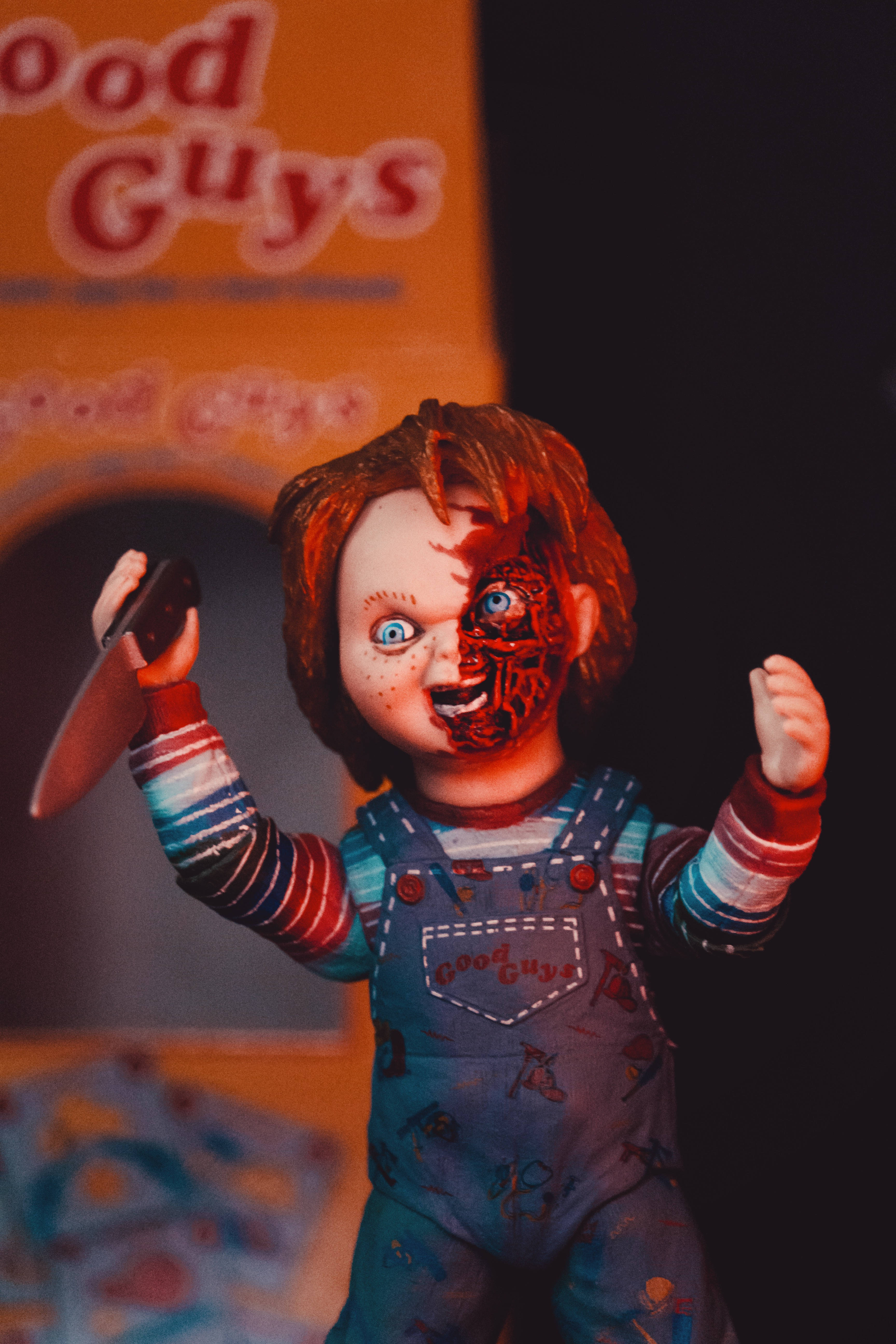 Chucky, half burned face, melted face, 5K Phone Wallpaper