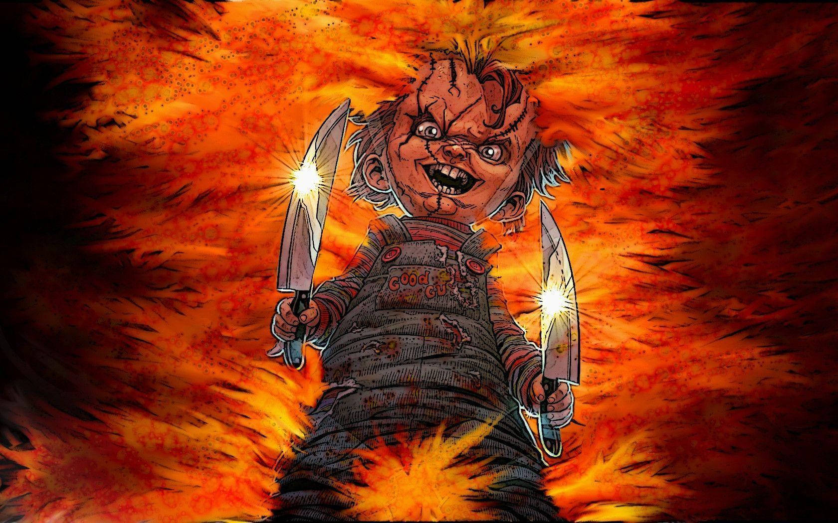 Chucky, two knives, fiery orange and red explosive background, HD Desktop Wallpaper