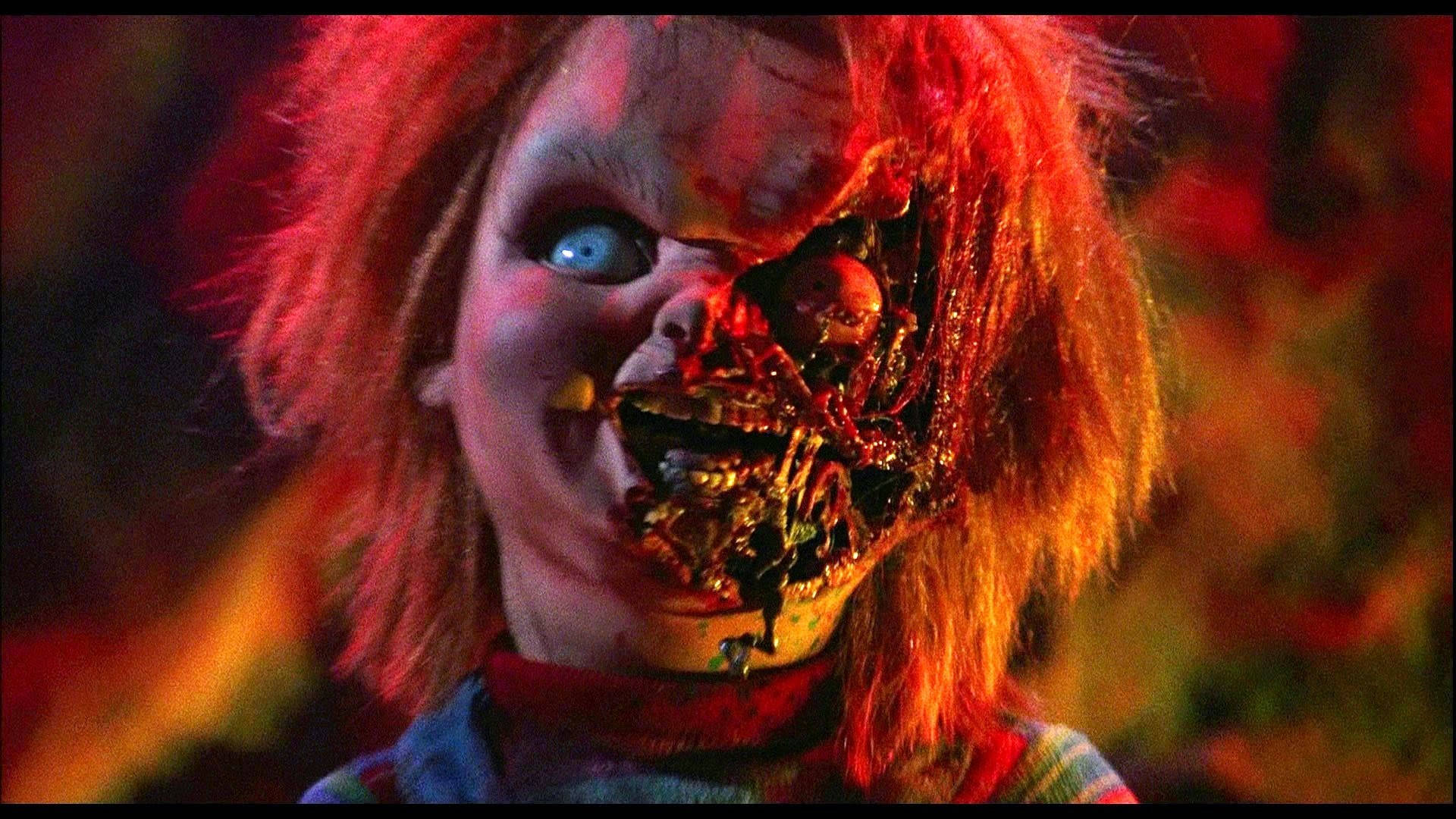 Chucky, burned face, glowing blue eye, Full HD Desktop Wallpaper