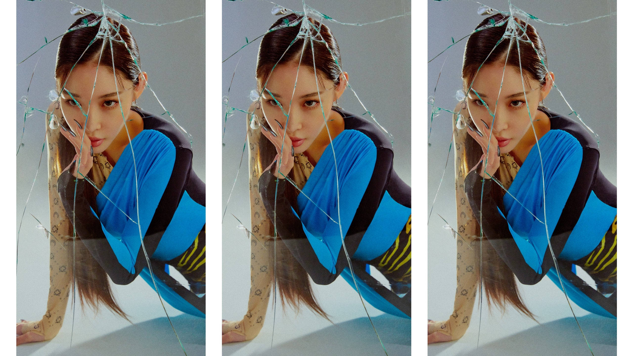 Chungha, blue and black outfit, shattered glass, 2K Desktop Wallpaper