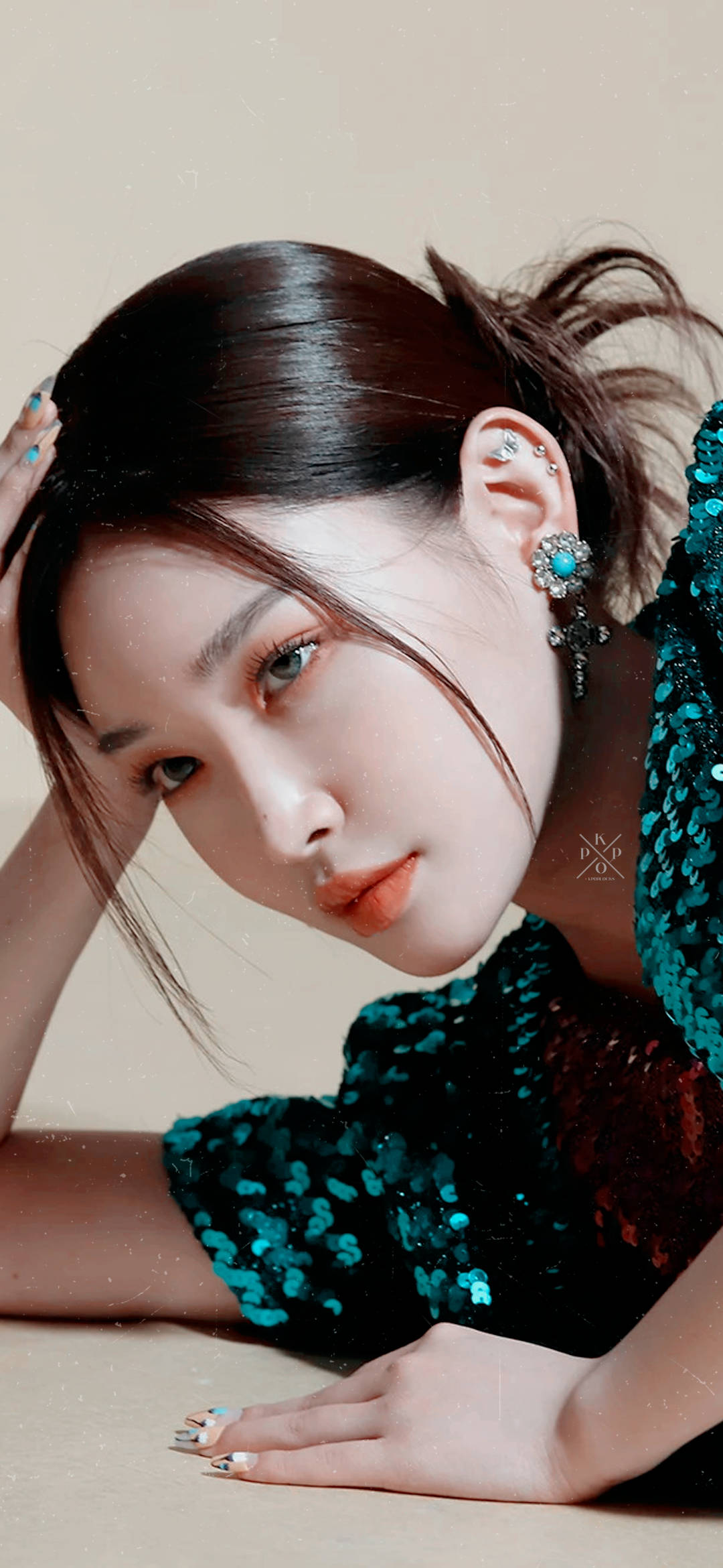 Chungha, teal sequined top, beige background, Full HD Phone Wallpaper