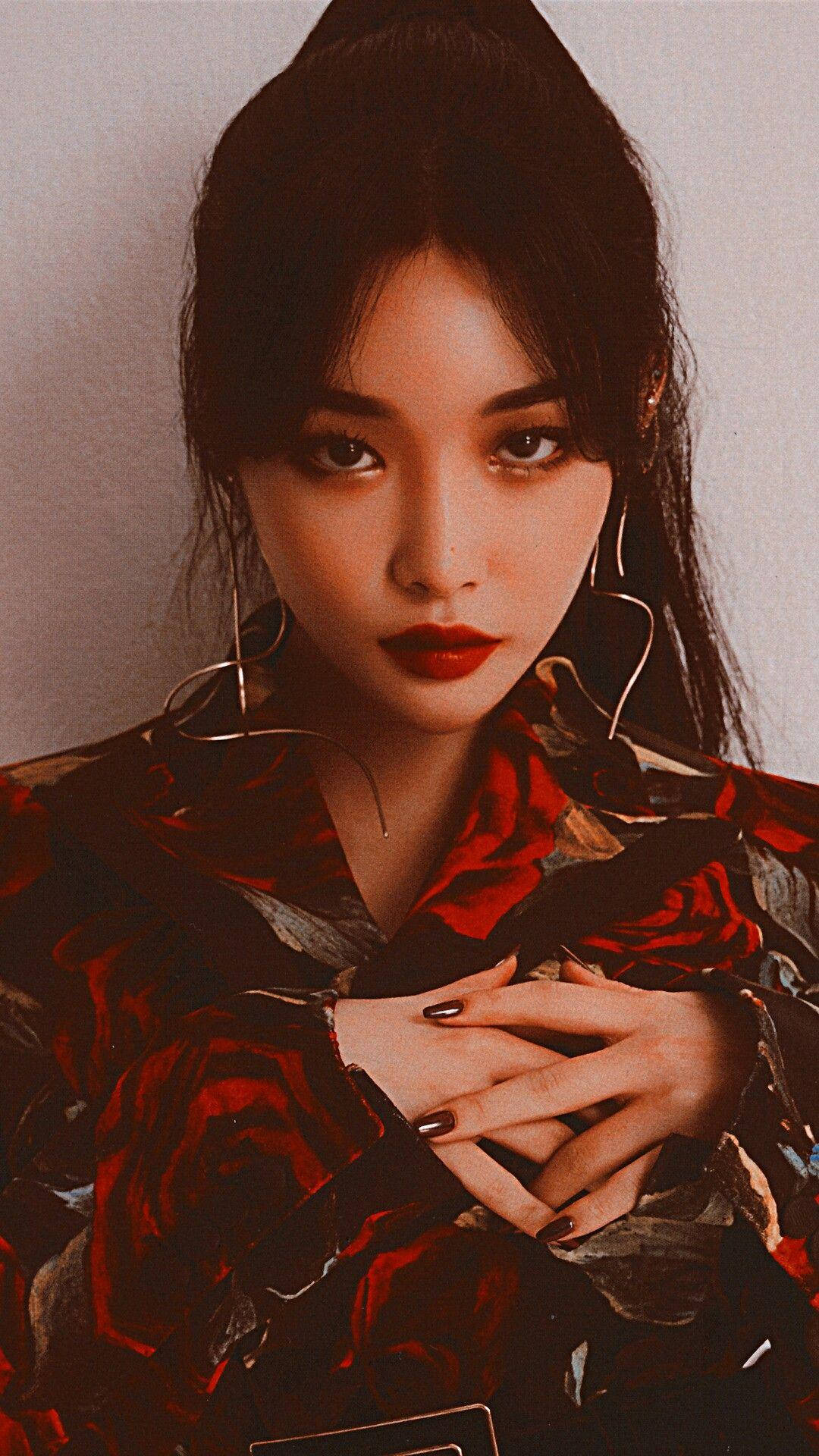 Chungha, rose-patterned top, dark hair, Full HD Phone Wallpaper