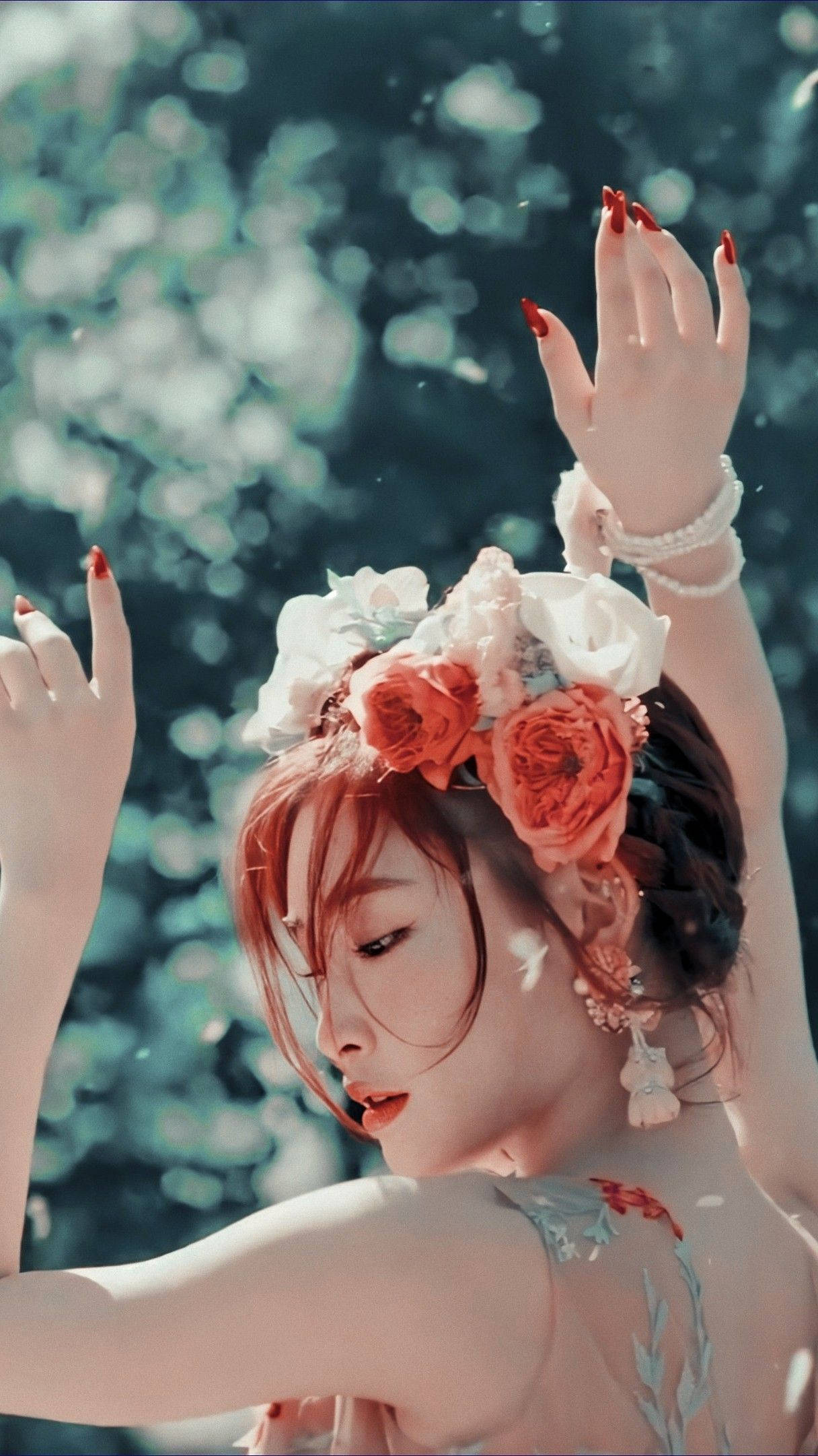 Chungha, flower crown, red nails, Full HD Phone Wallpaper